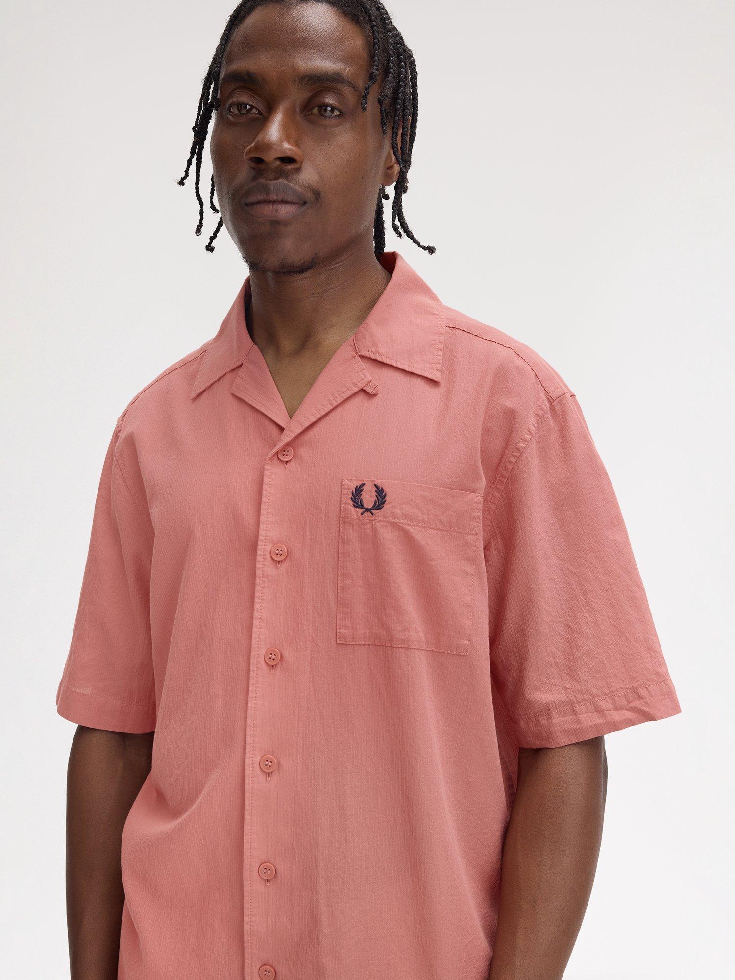 Product image 3 of 5, which shows Fred Perry Textured Cotton Regular Fit Revere Collar Shirt, Putty Pink, S