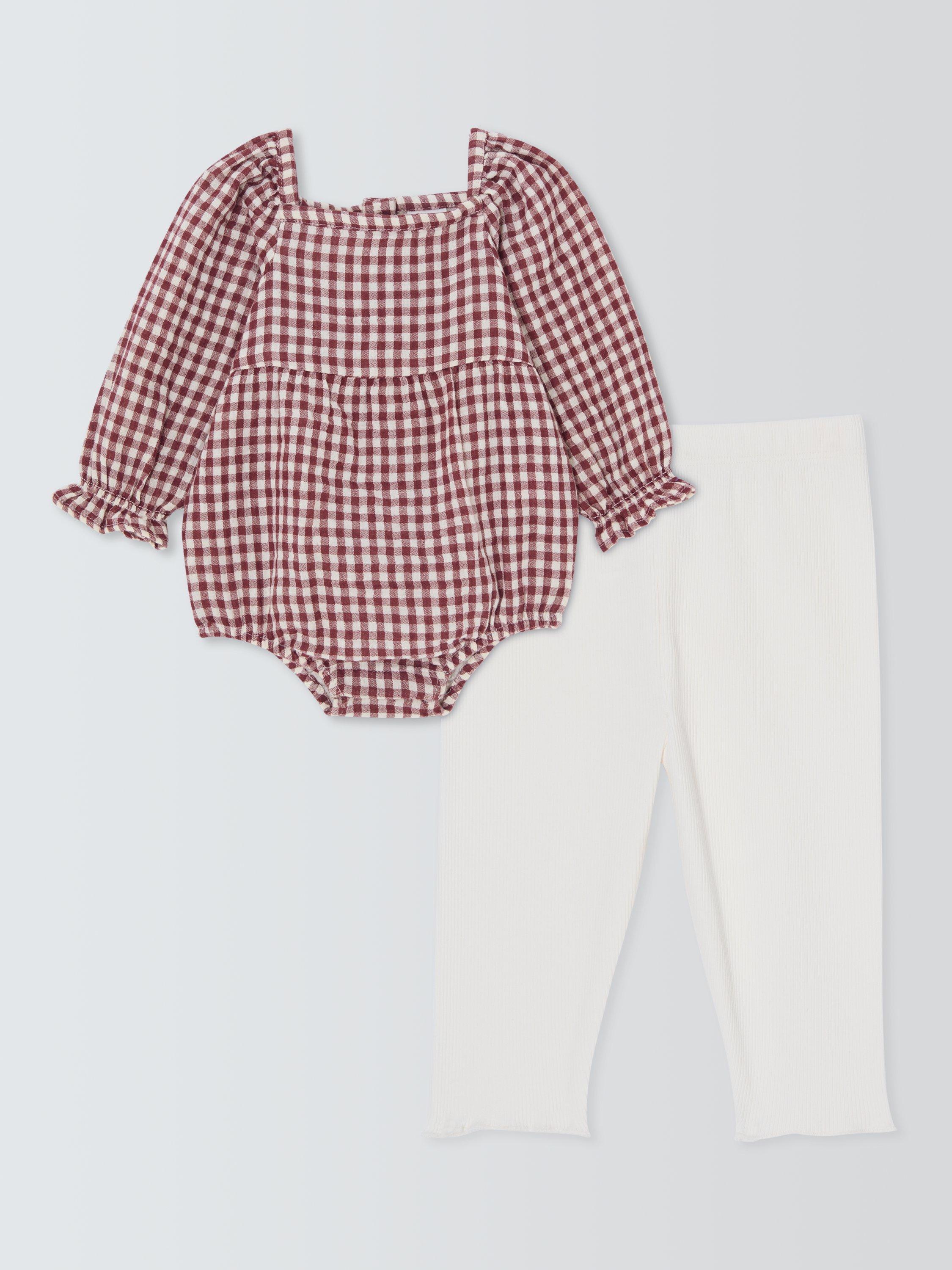 Product image 1 of 3, which shows John Lewis Baby Gingham Bodysuit and Leggings Set, Burgundy/White, Newborn