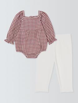 John Lewis Baby Gingham Bodysuit and Leggings Set, Burgundy/White, Burgundy