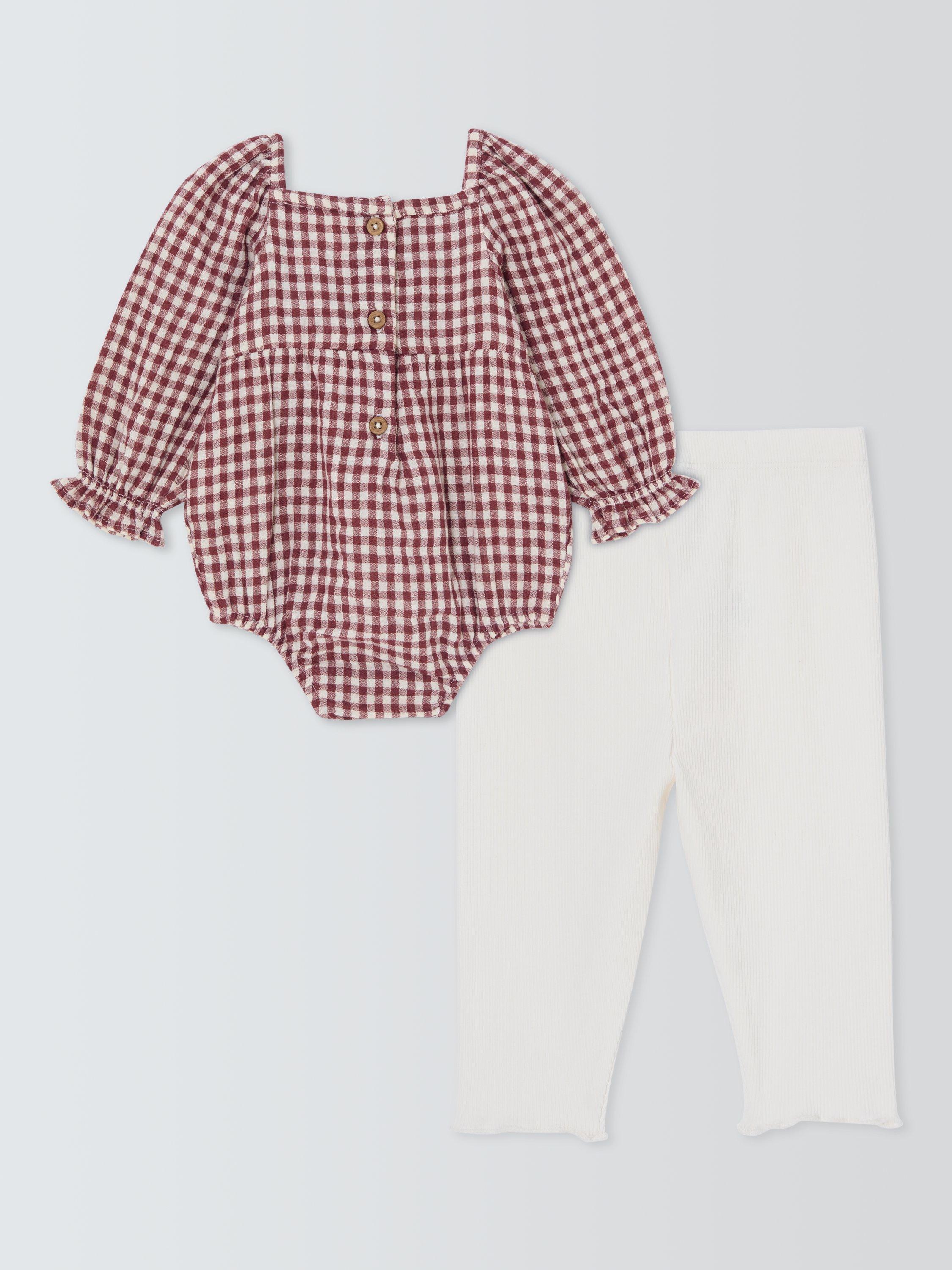 Product image 2 of 3, which shows John Lewis Baby Gingham Bodysuit and Leggings Set, Burgundy/White, Newborn
