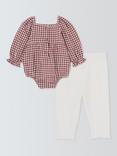 John Lewis Baby Gingham Bodysuit and Leggings Set, Burgundy/White