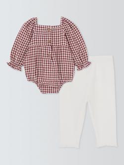 John Lewis Baby Gingham Bodysuit and Leggings Set, Burgundy/White - view 2, Burgundy