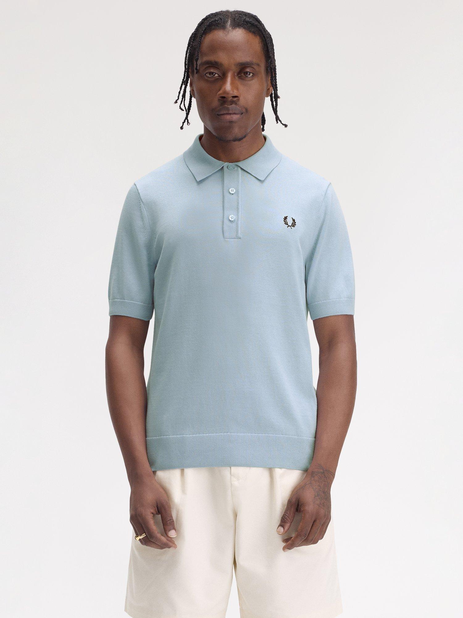 Product image 1 of 5, which shows Fred Perry Cotton Regular Fit Short Sleeve Knitted Polo Shirt, Light Smoke, S