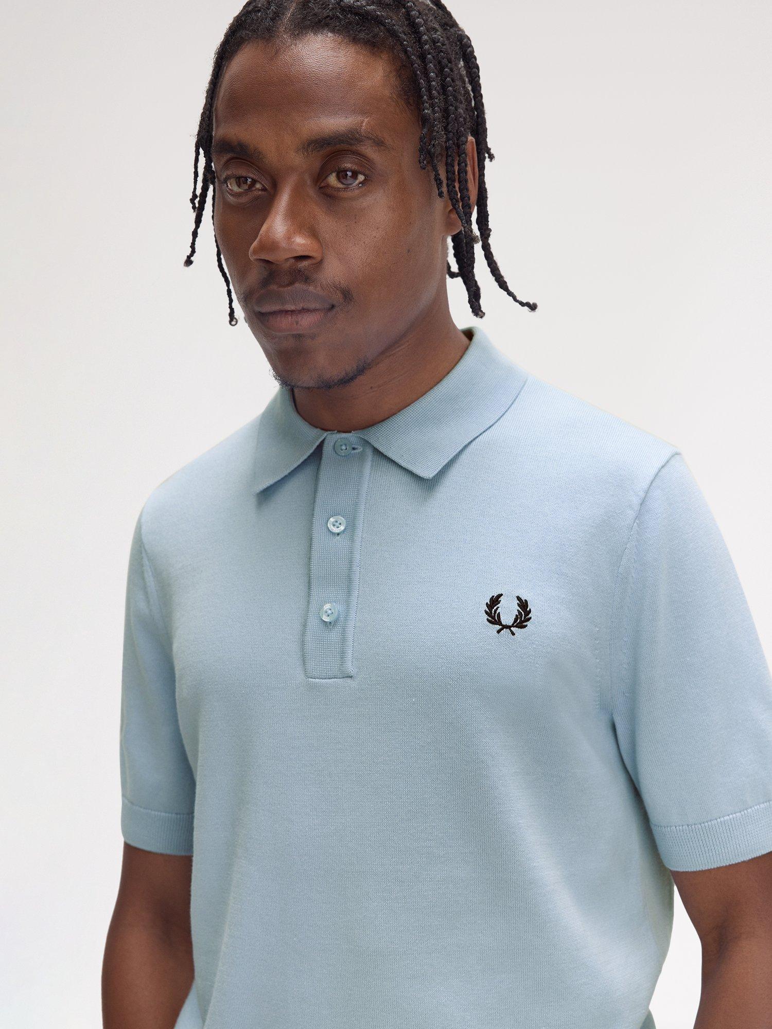 Product image 3 of 5, which shows Fred Perry Cotton Regular Fit Short Sleeve Knitted Polo Shirt, Light Smoke, S