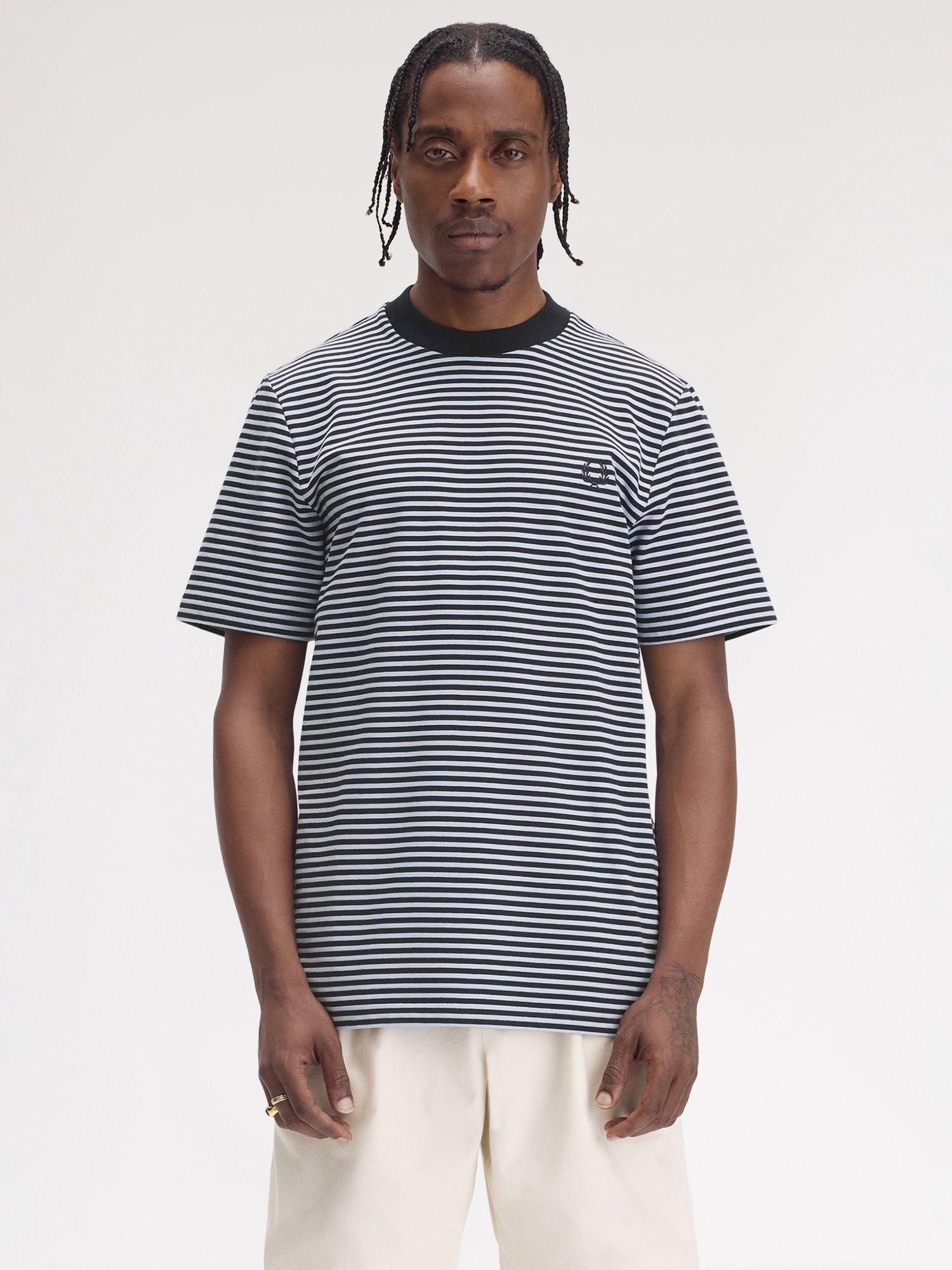 Product image 1 of 5, which shows Fred Perry Cotton Regular Fit Short Sleeve Fine Stripe T-Shirt, Navy, S