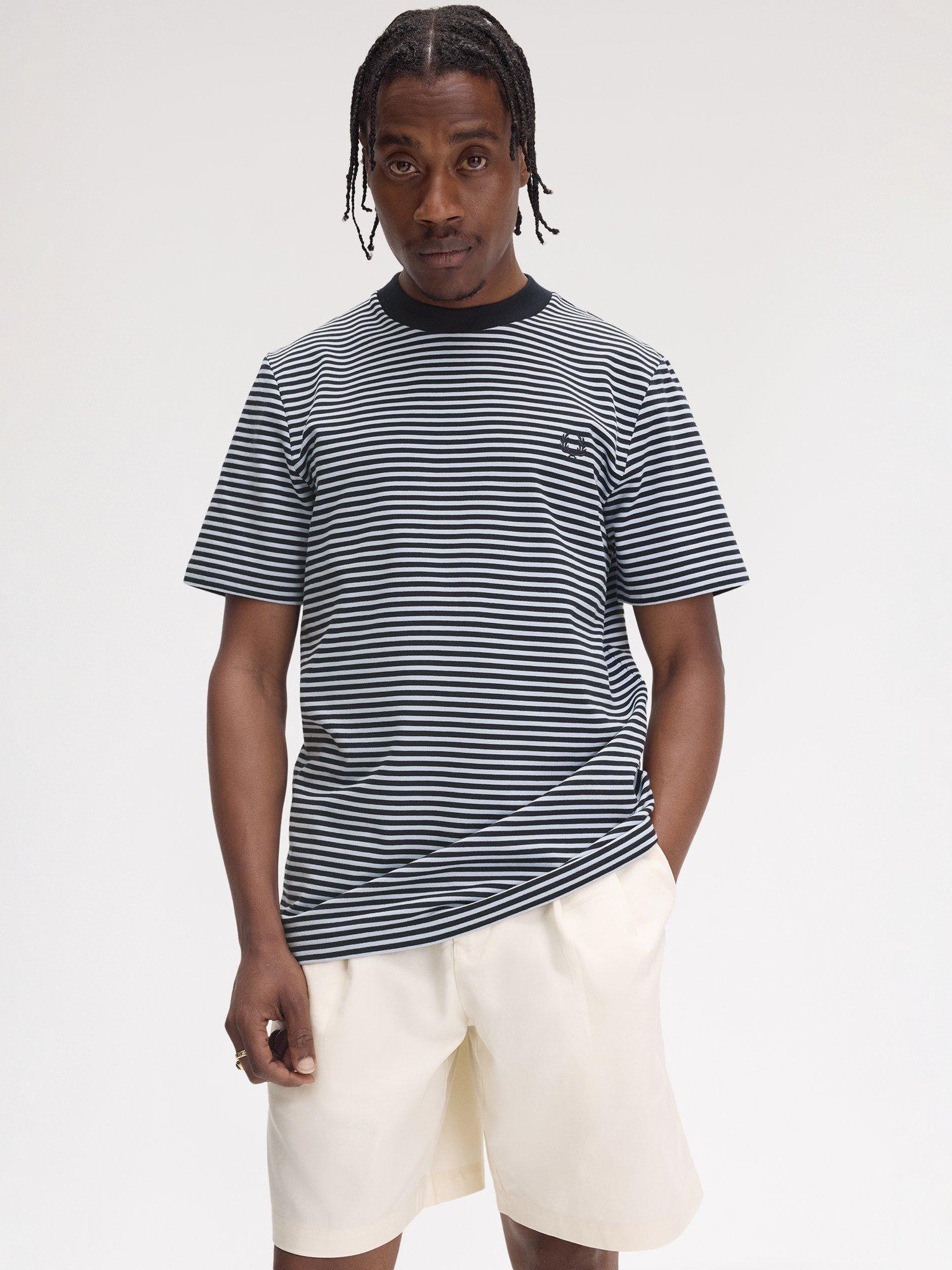 Product image 3 of 5, which shows Fred Perry Cotton Regular Fit Short Sleeve Fine Stripe T-Shirt, Navy, S