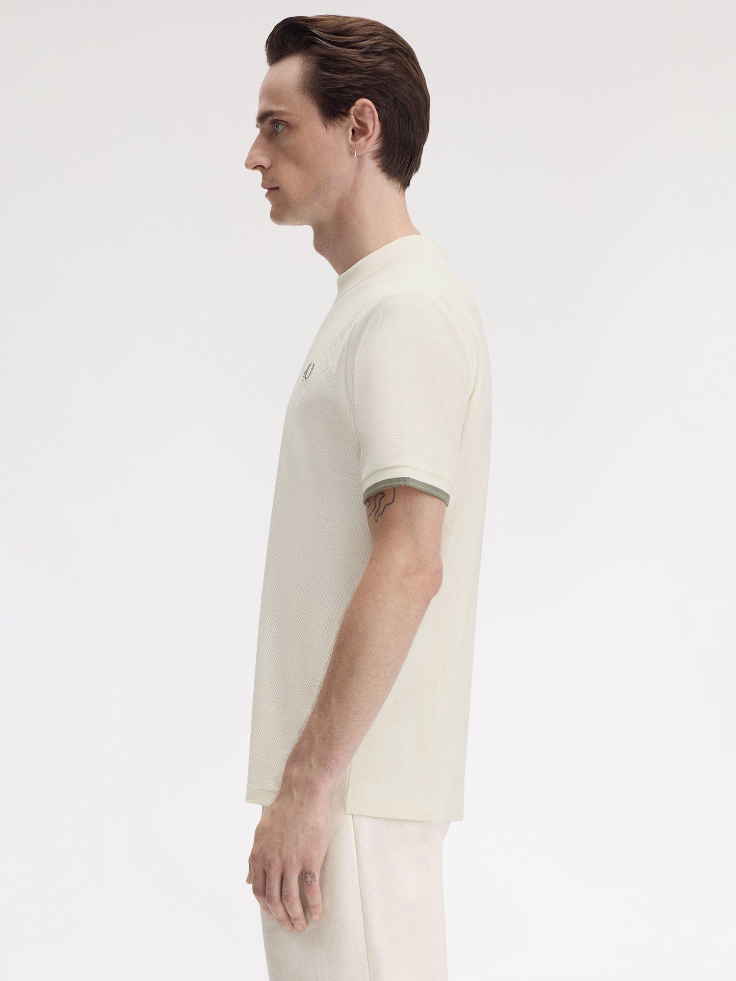 Product image 2 of 5, which shows Fred Perry Cotton Pique Regular Fit Tipped Cuff T-Shirt, Light Ecru, S
