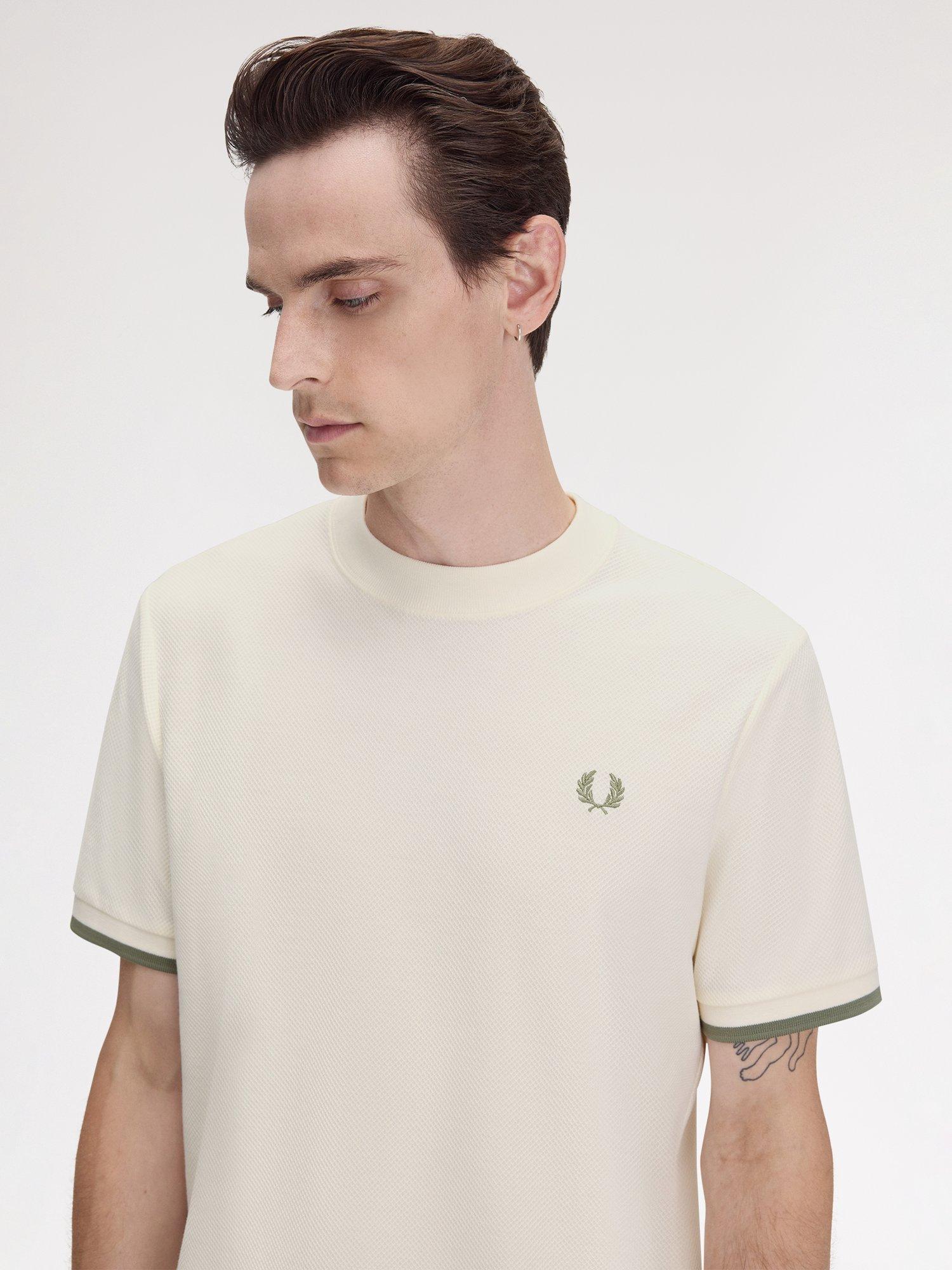 Product image 3 of 5, which shows Fred Perry Cotton Pique Regular Fit Tipped Cuff T-Shirt, Light Ecru, S