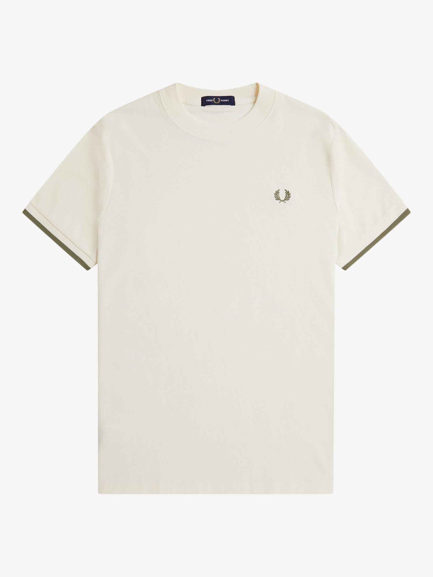 Product image 4 of 5, which shows Fred Perry Cotton Pique Regular Fit Tipped Cuff T-Shirt, Light Ecru, S