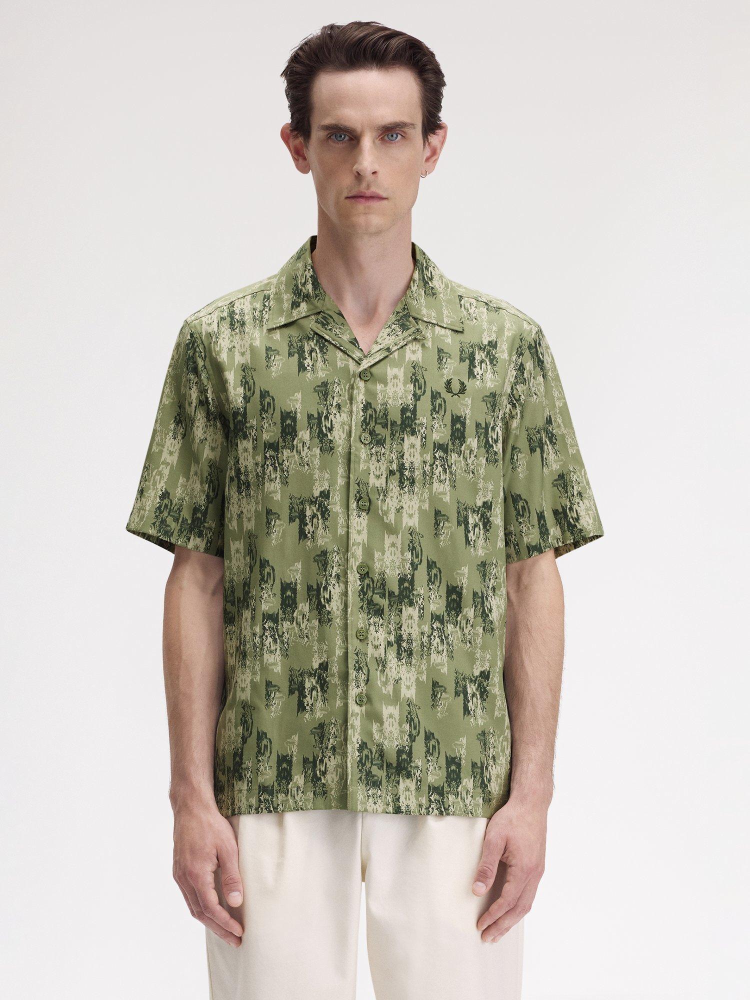 Product image 1 of 5, which shows Fred Perry Cotton Blend Regular Fit Abstract Revere Collar Shirt, Olive Mint, S
