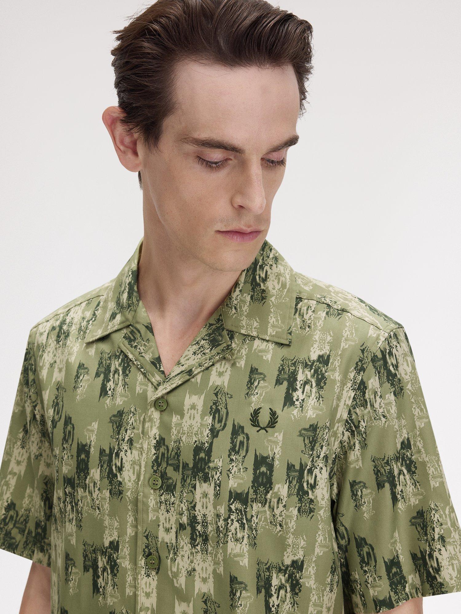 Product image 3 of 5, which shows Fred Perry Cotton Blend Regular Fit Abstract Revere Collar Shirt, Olive Mint, S