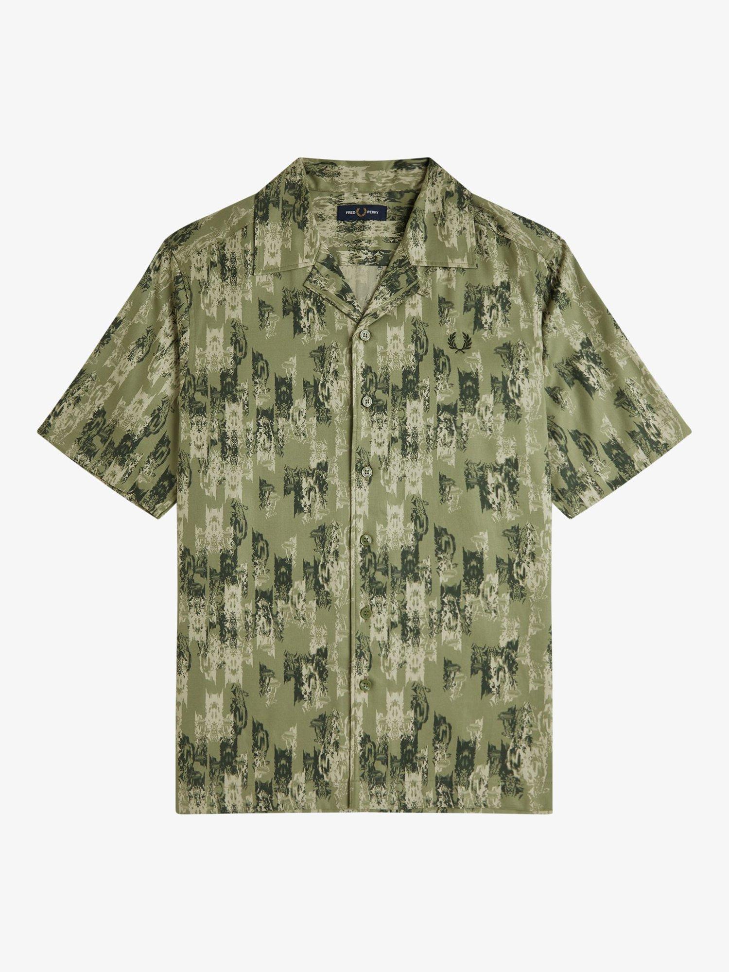 Product image 4 of 5, which shows Fred Perry Cotton Blend Regular Fit Abstract Revere Collar Shirt, Olive Mint, S