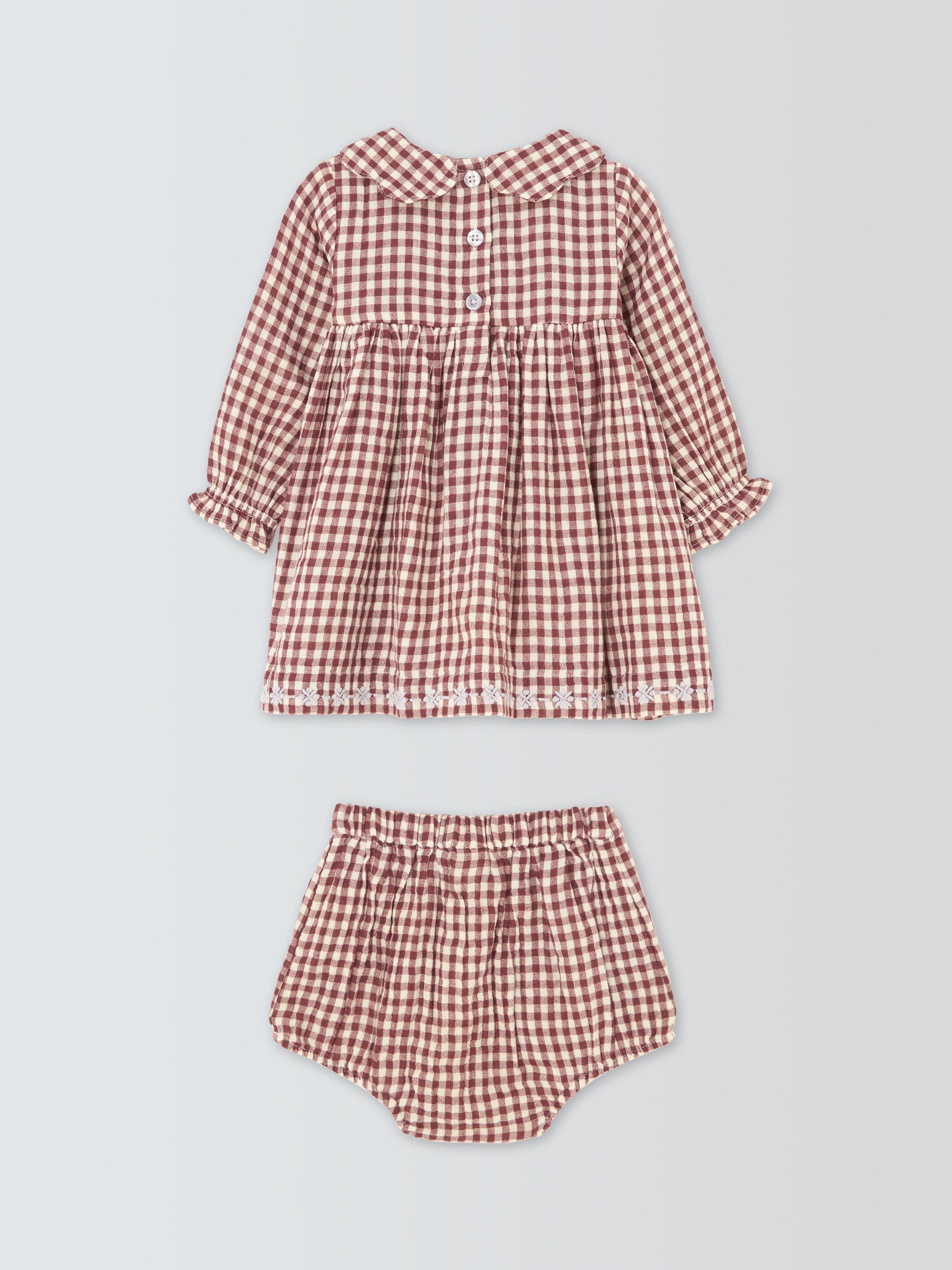 John Lewis Baby Gingham Dress and Bloomer Set, Burgundy/White