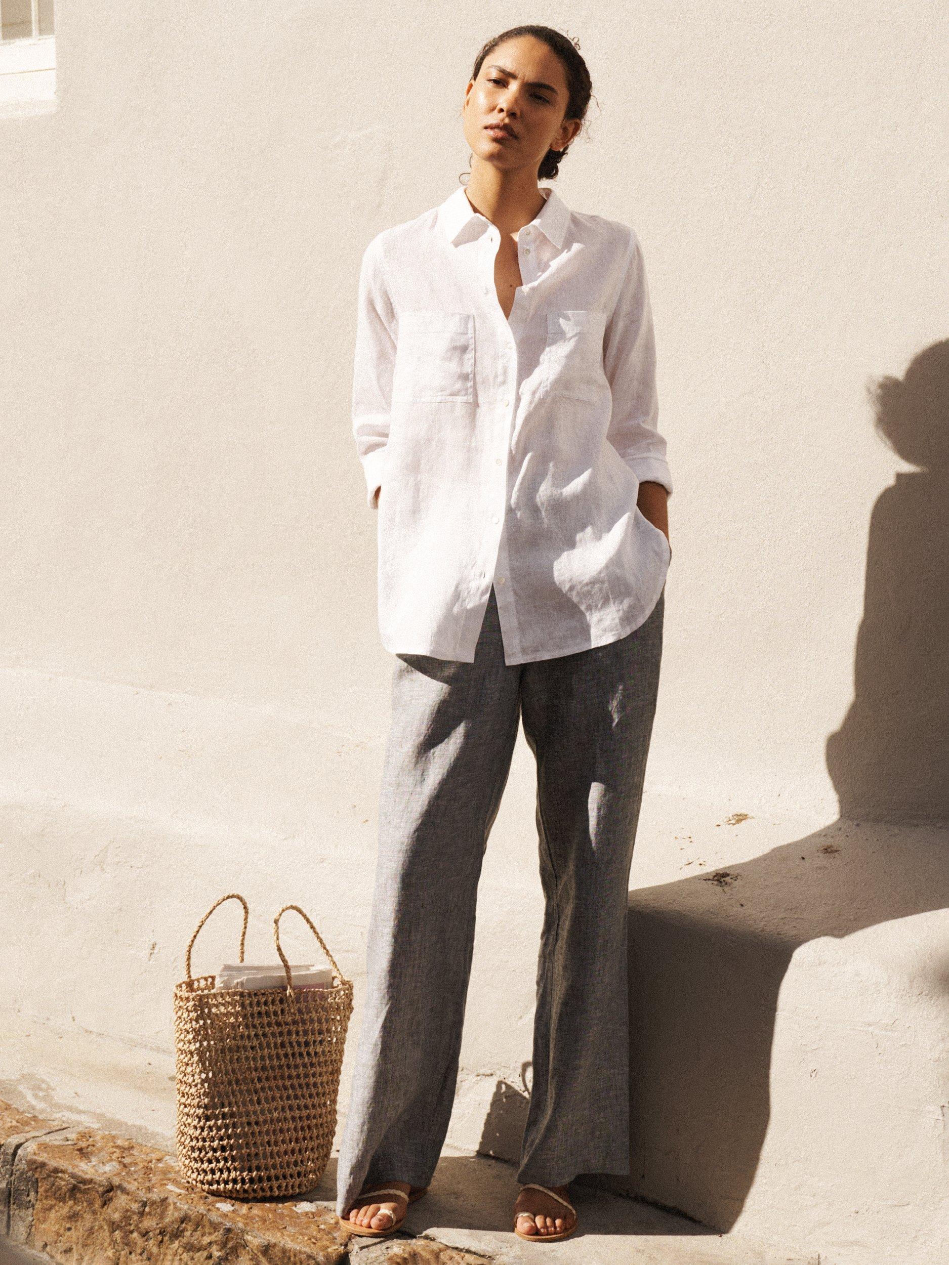 Product image 1 of 9, which shows NRBY Thea Cross Dyed Pure Linen Trousers, Khaki, 10