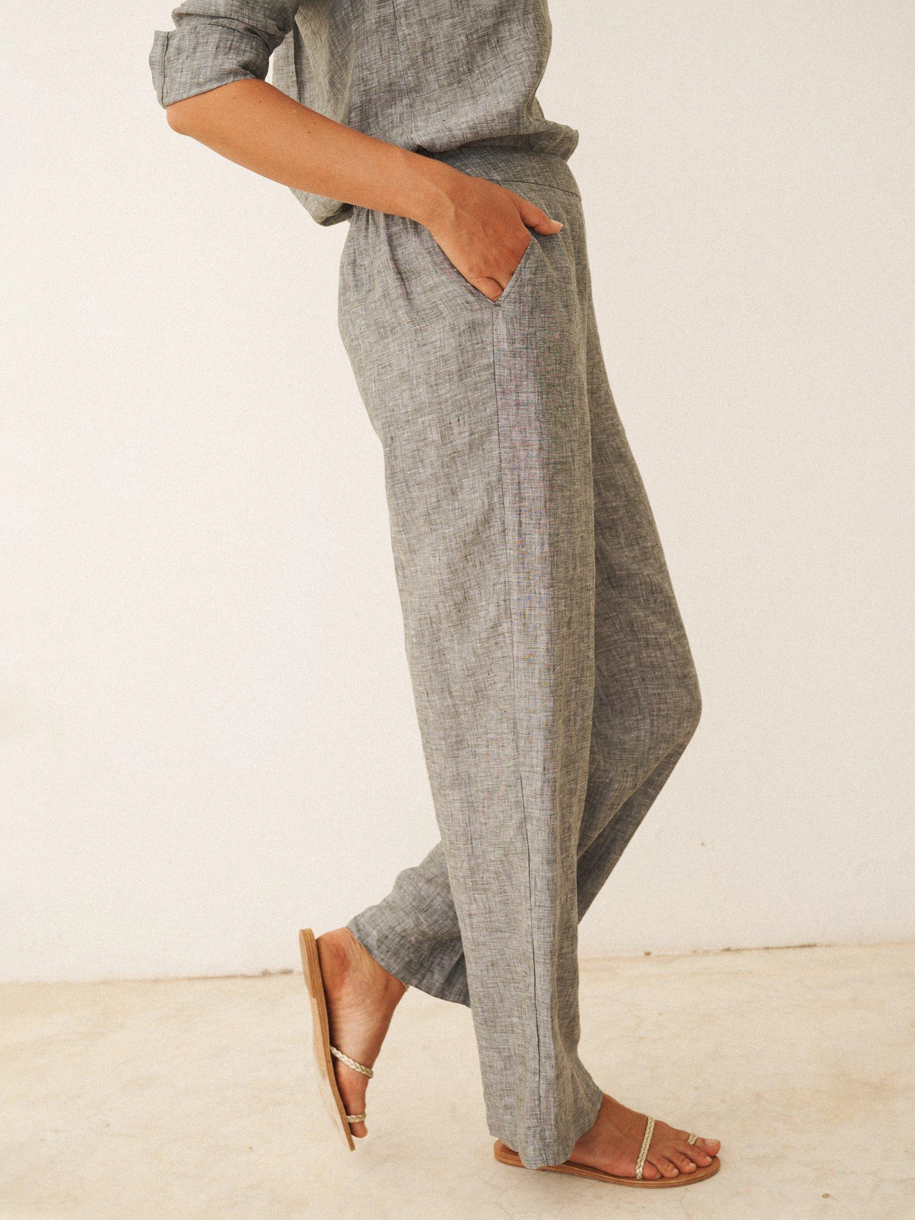 Product image 6 of 9, which shows NRBY Thea Cross Dyed Pure Linen Trousers, Khaki, 10