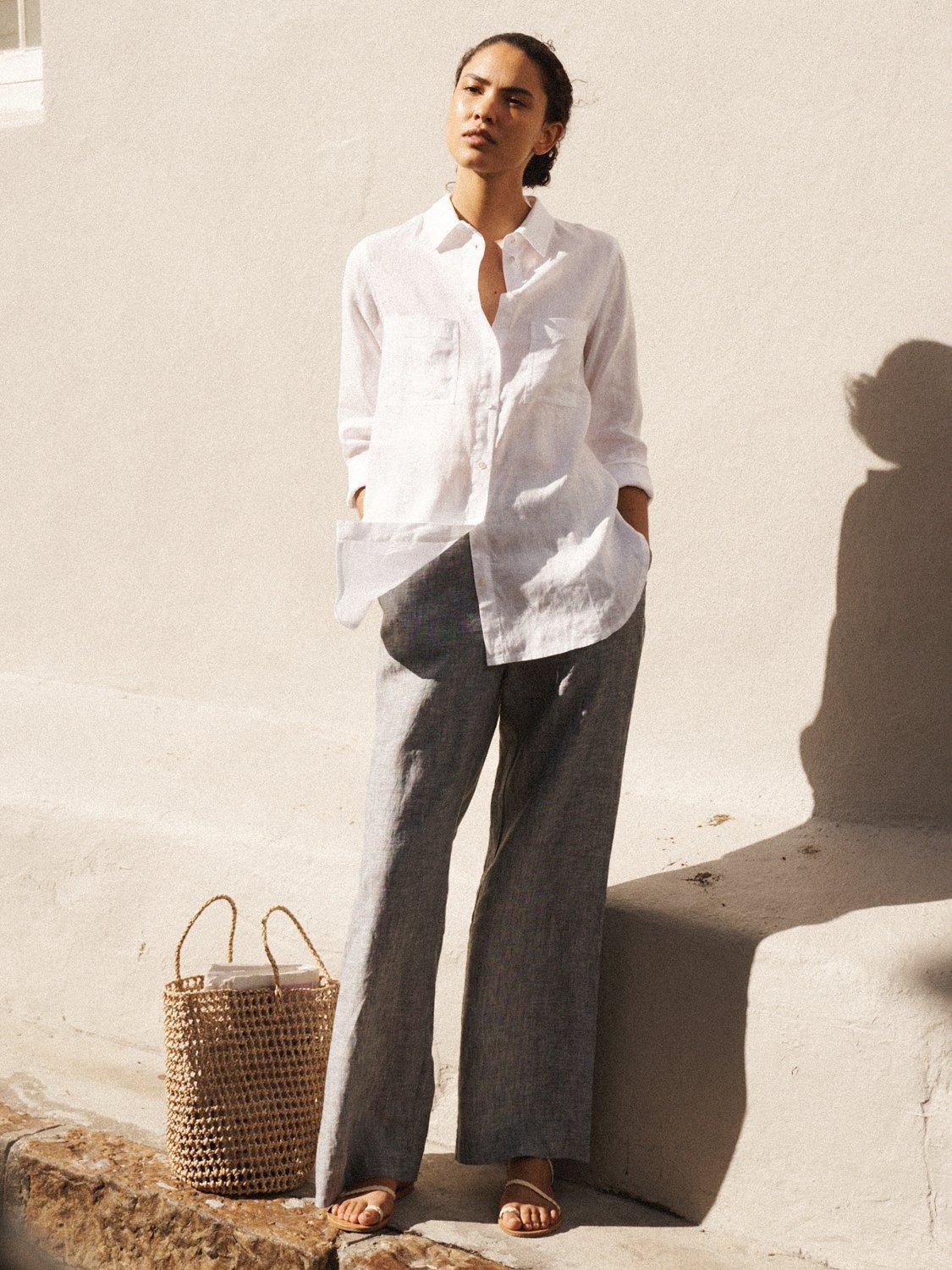 Product image 9 of 9, which shows NRBY Thea Cross Dyed Pure Linen Trousers, Khaki, 10