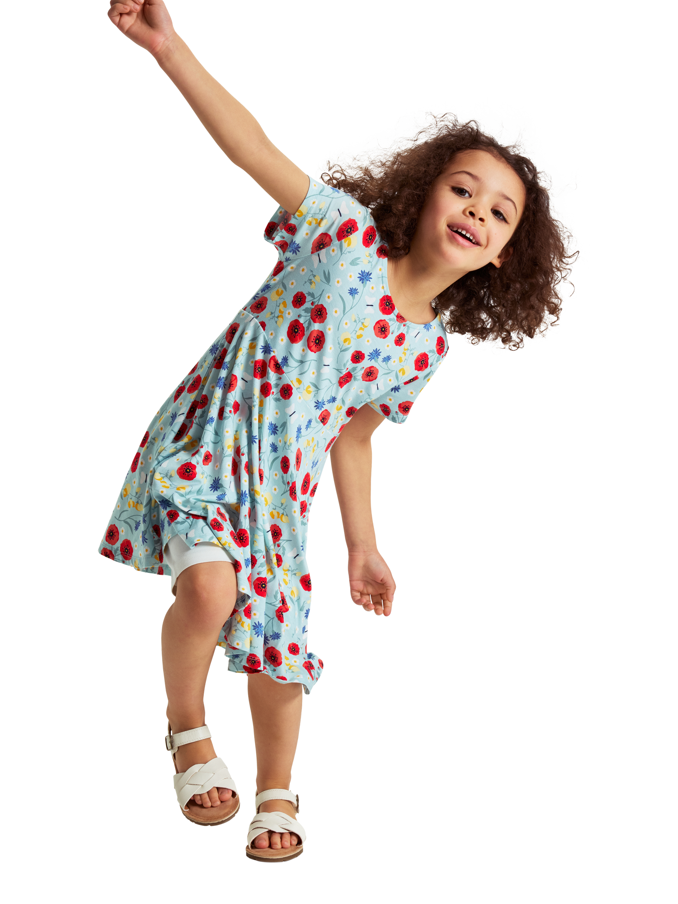 Product image 1 of 2, which shows Polarn O. Pyret Kids' Poppy Print Short Sleeve Dress , Blue, 18-24 months
