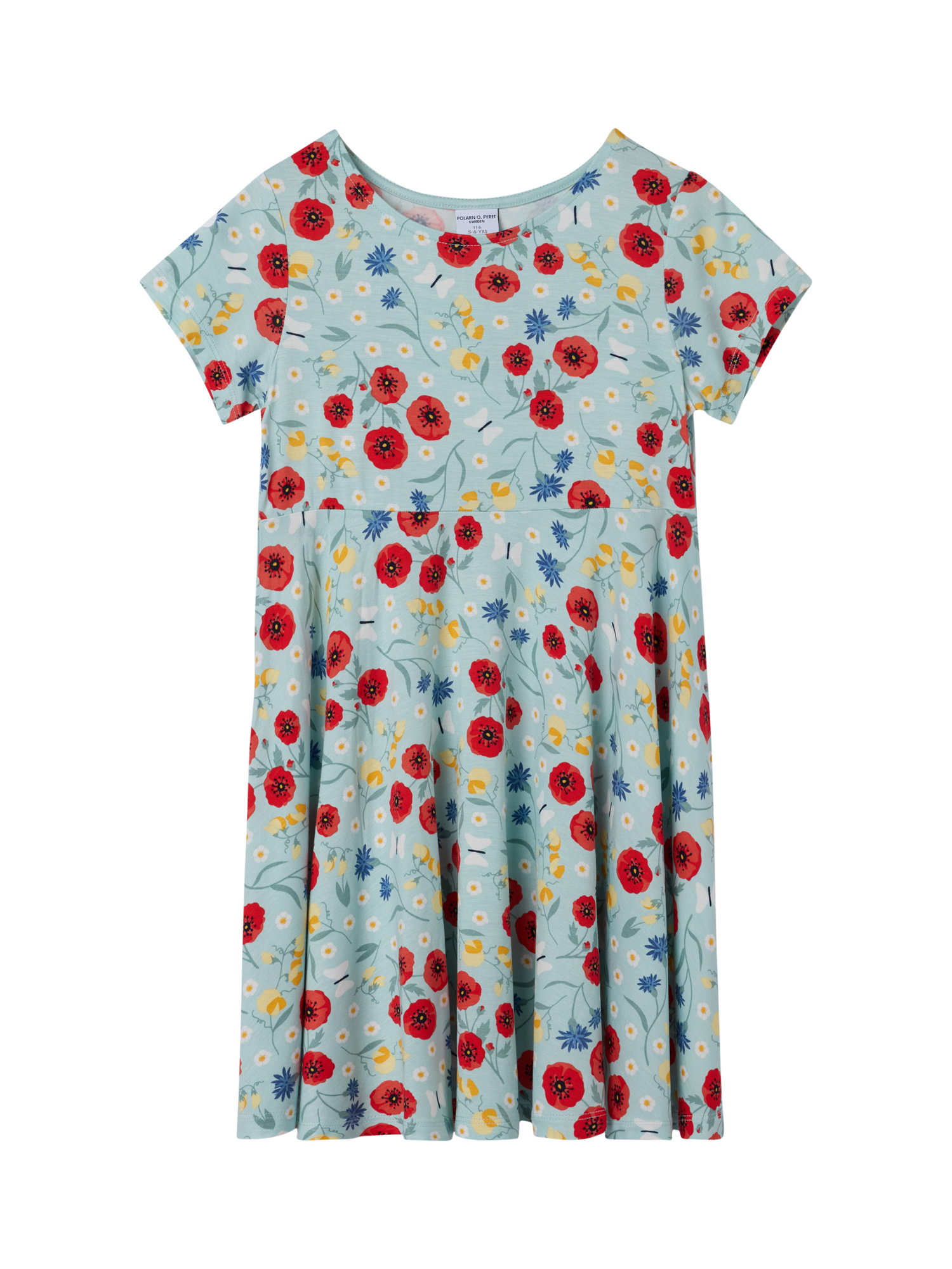 Product image 2 of 2, which shows Polarn O. Pyret Kids' Poppy Print Short Sleeve Dress , Blue, 18-24 months
