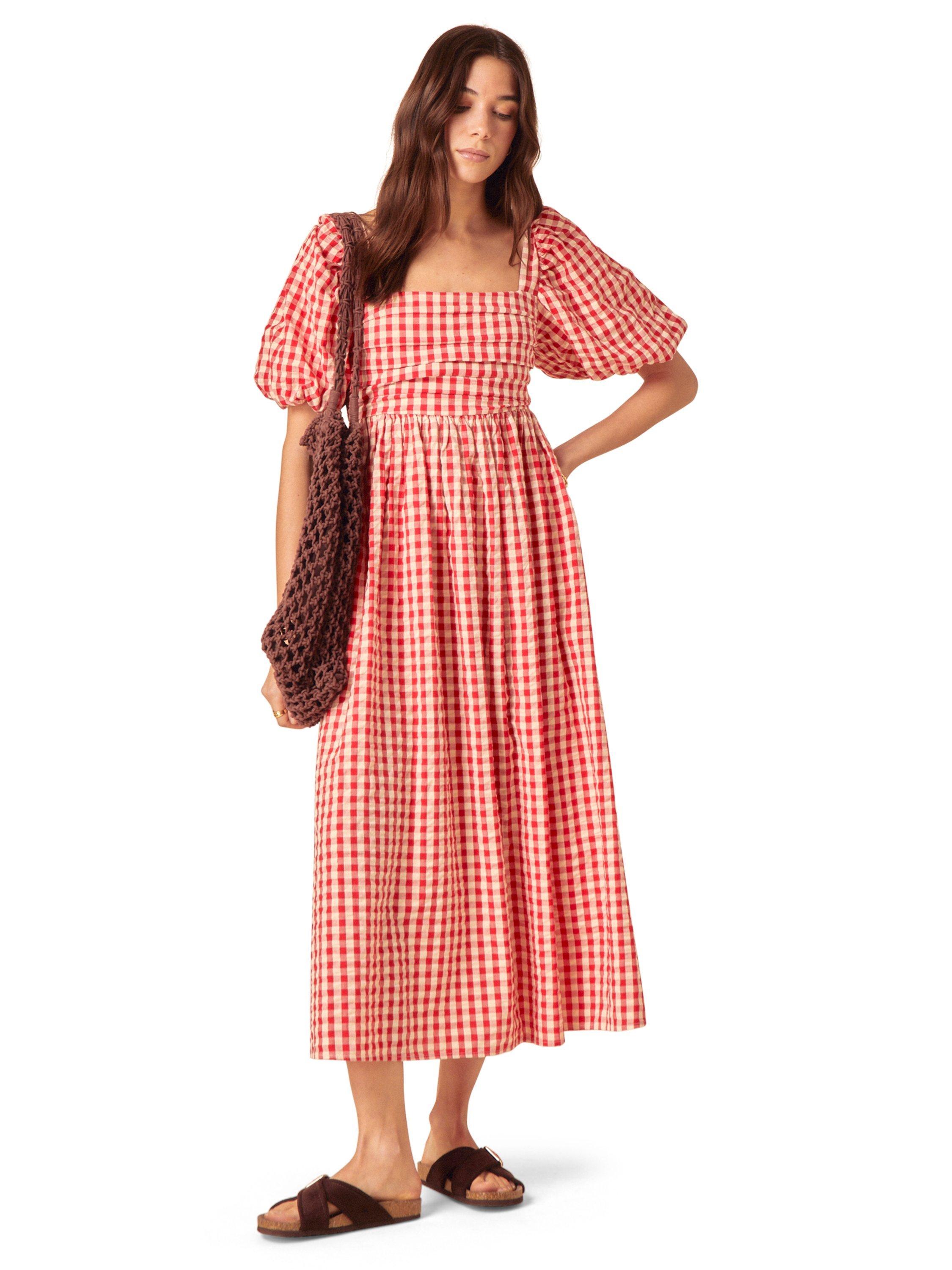 Product image 1 of 4, which shows Nobody's Child Nova Gingham Linen Blend Midi Dress, Red/White, 6