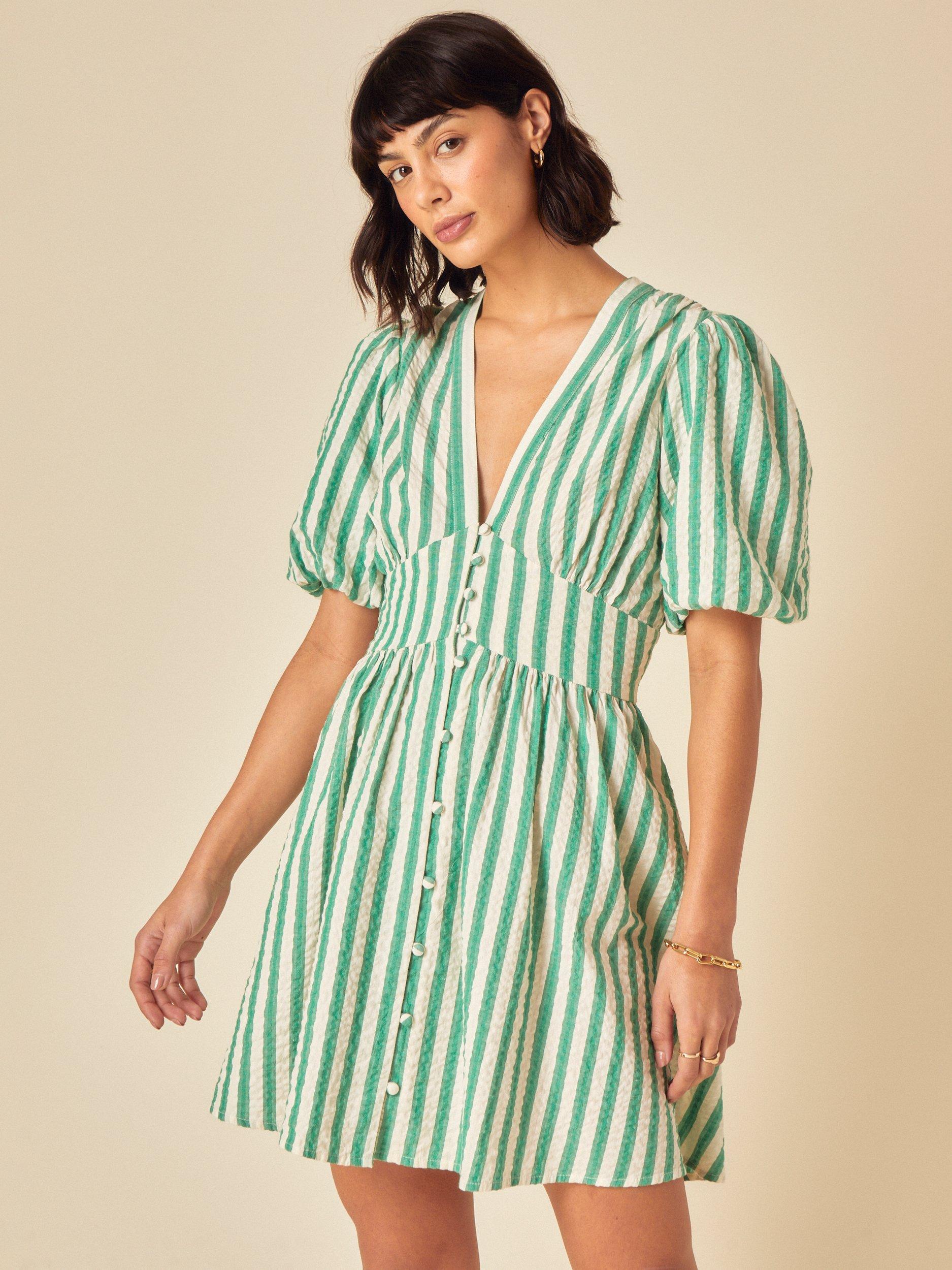 Product image 1 of 4, which shows Nobody's Child Starlight Stripe Pure Organic Cotton Mini Dress, Green Stripe, 6