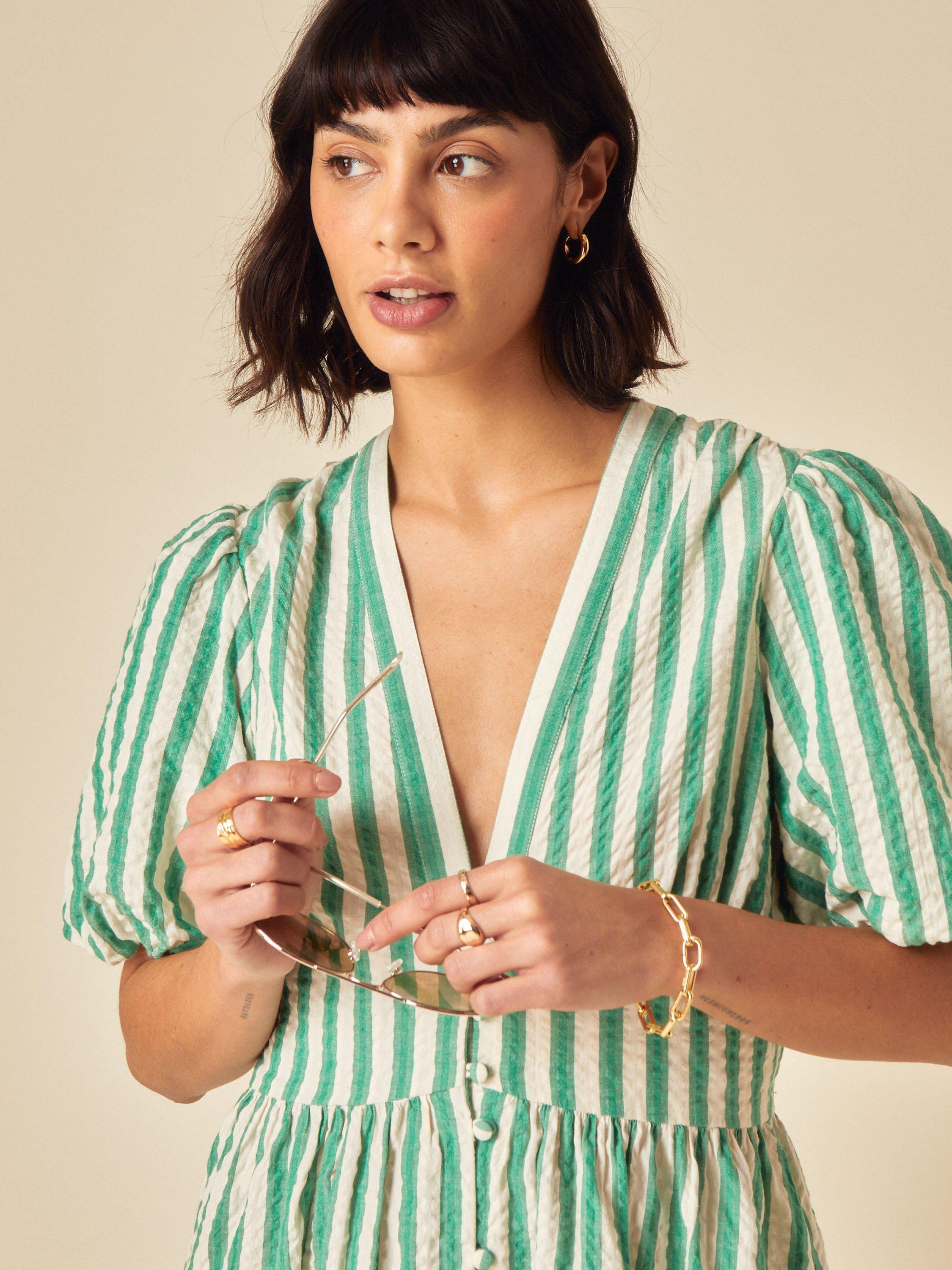 Product image 3 of 4, which shows Nobody's Child Starlight Stripe Pure Organic Cotton Mini Dress, Green Stripe, 6