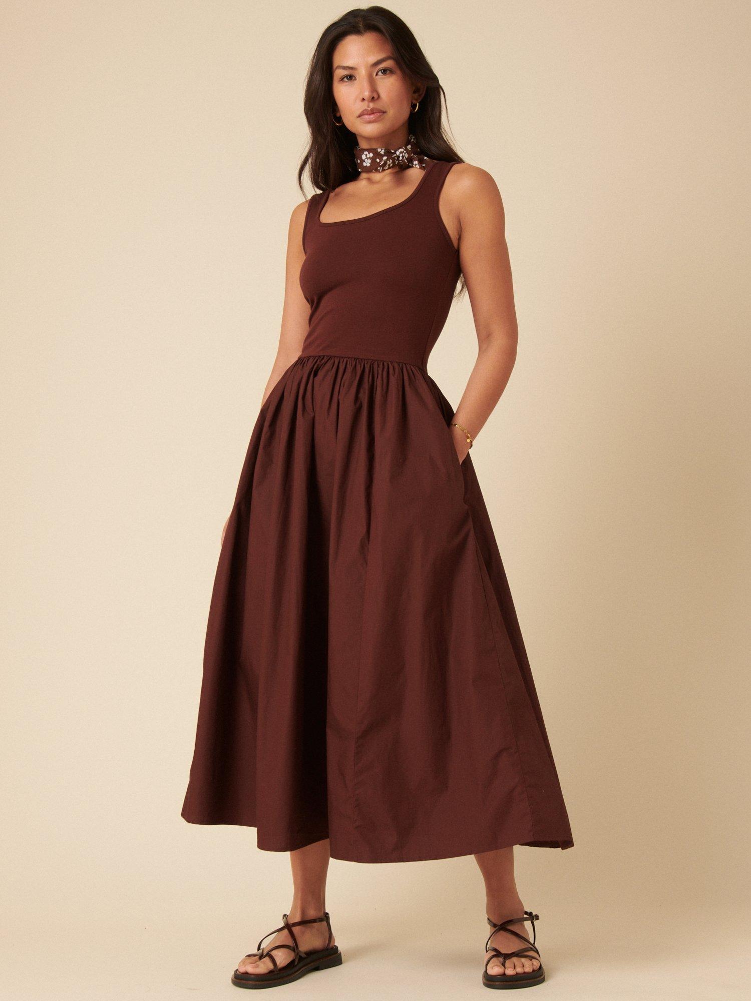 Product image 1 of 4, which shows Nobody's Child Colorado Square Neck Midi Dress, Brown, 6