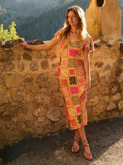 Nobody's Child Layla Ruffle Sleeve Patchwork Midi Dress containing LENZING™ ECOVERO™ Viscose, Multi