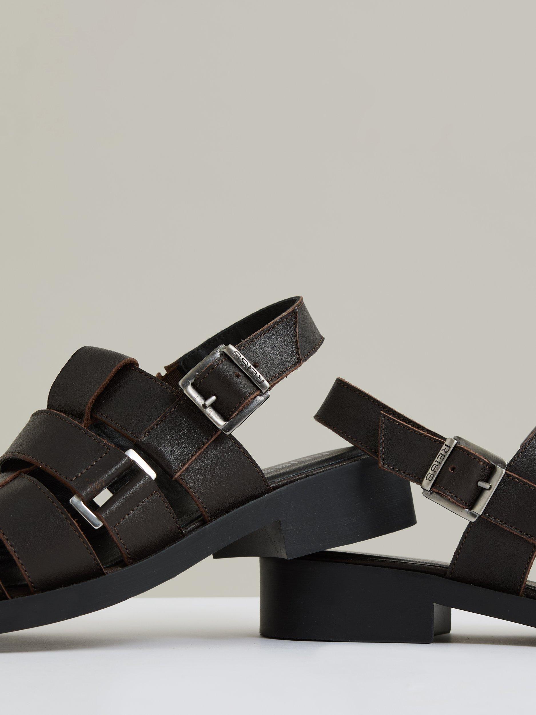 Product image 2 of 5, which shows Reiss Marlie Leather Fisherman Sandals, Chocolate, 5