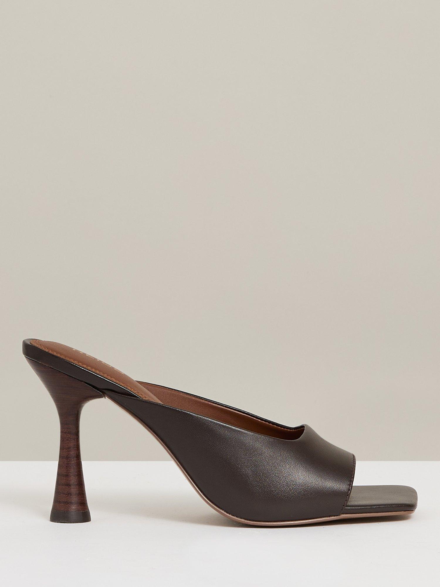Product image 1 of 5, which shows Reiss Justine Leather Heeled Mules, Chocolate, 3