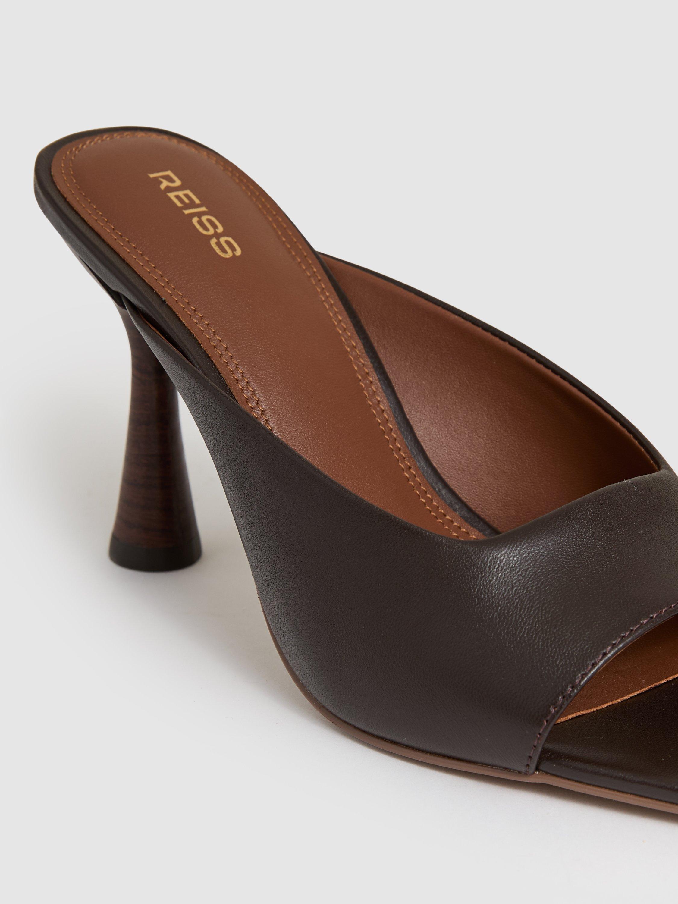 Product image 2 of 5, which shows Reiss Justine Leather Heeled Mules, Chocolate, 3