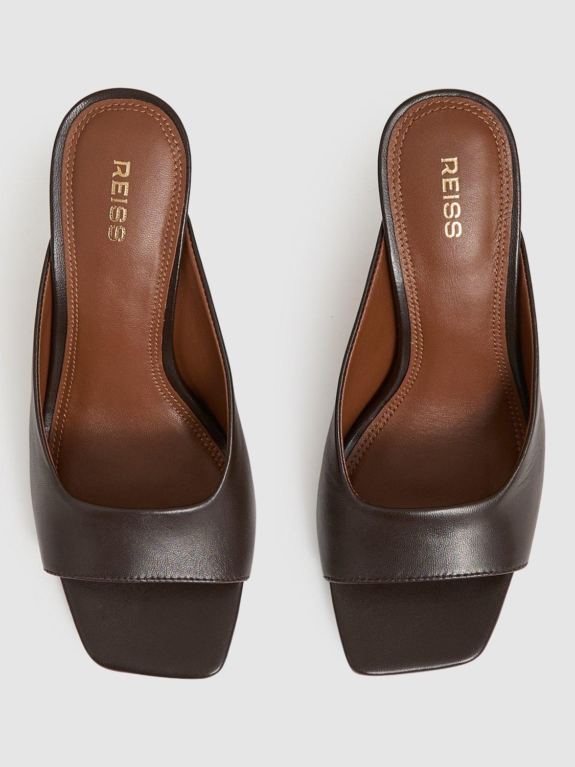 Product image 4 of 5, which shows Reiss Justine Leather Heeled Mules, Chocolate, 3