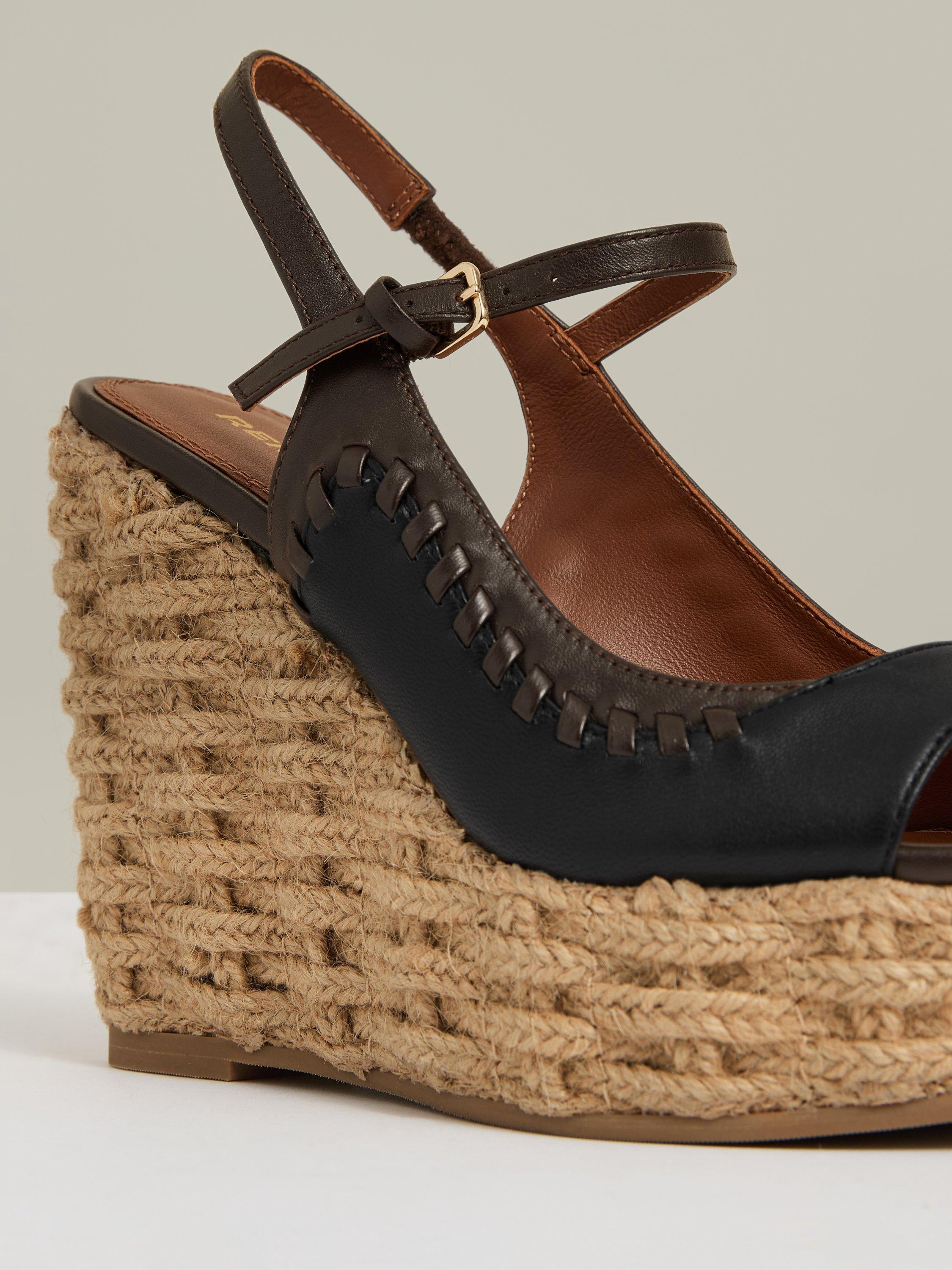 Product image 2 of 5, which shows Reiss Camila Leather Whipstitch Wedge Sandals, Chocolate/Black, 7