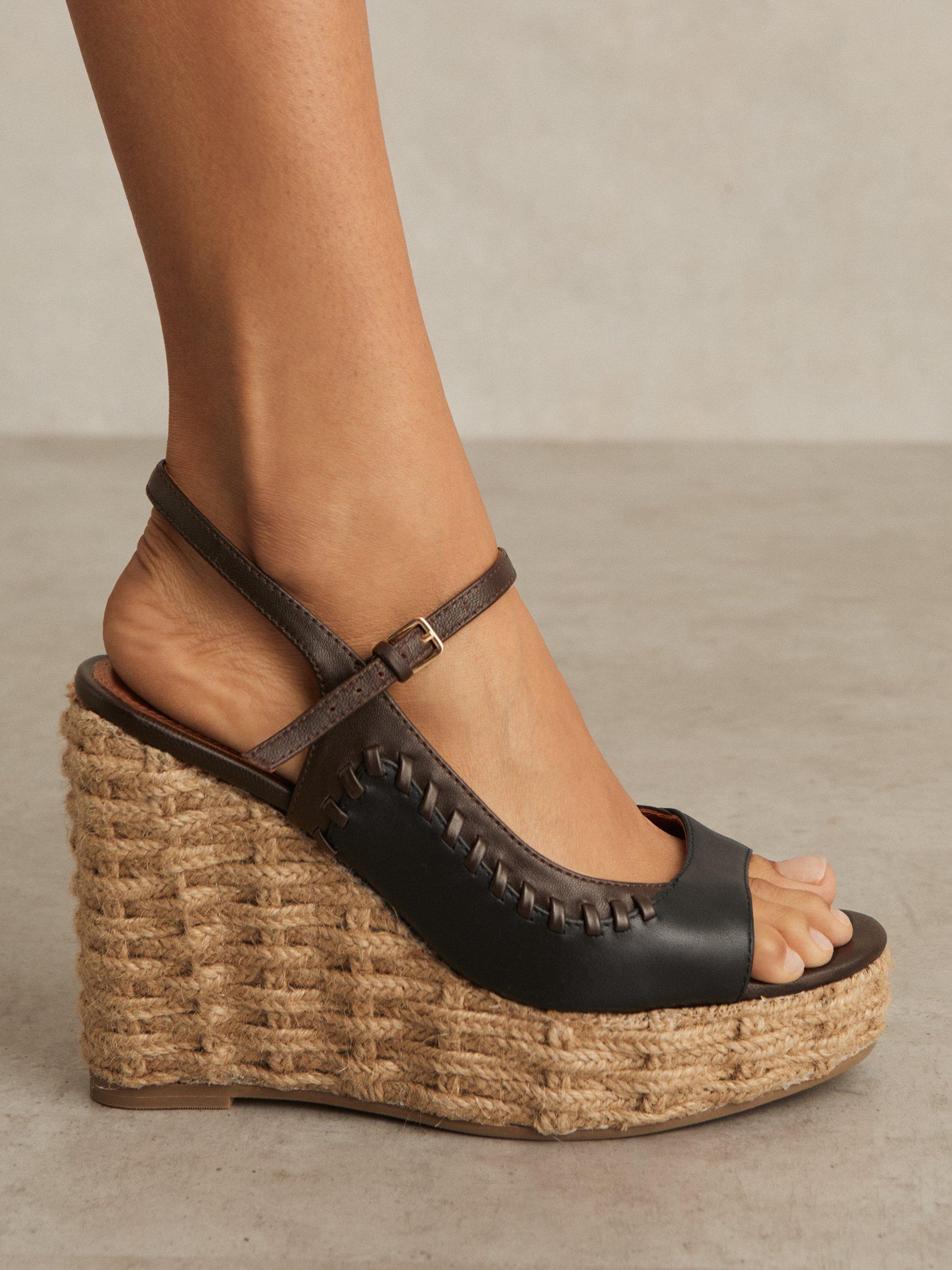 Product image 3 of 5, which shows Reiss Camila Leather Whipstitch Wedge Sandals, Chocolate/Black, 7
