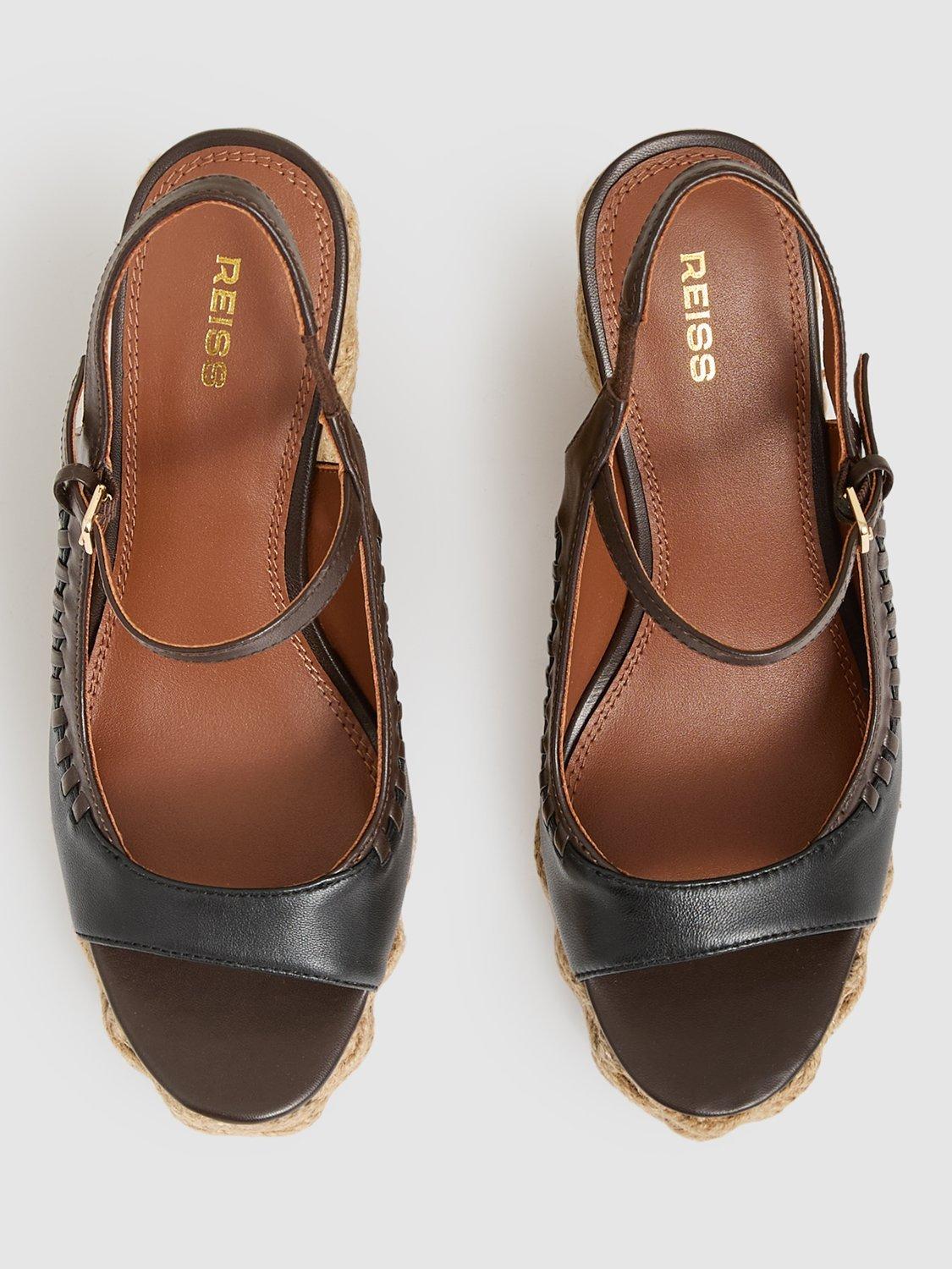 Product image 4 of 5, which shows Reiss Camila Leather Whipstitch Wedge Sandals, Chocolate/Black, 7