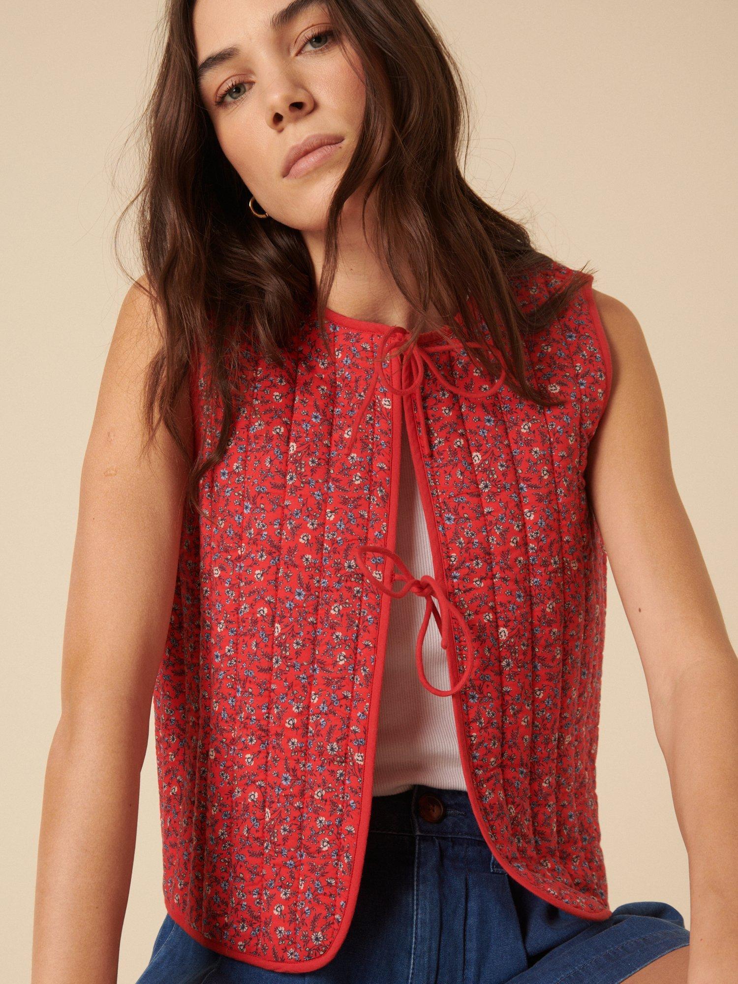 Product image 1 of 5, which shows Nobody's Child Floral Linen Rich Quilted Waistcoat, Red, XS