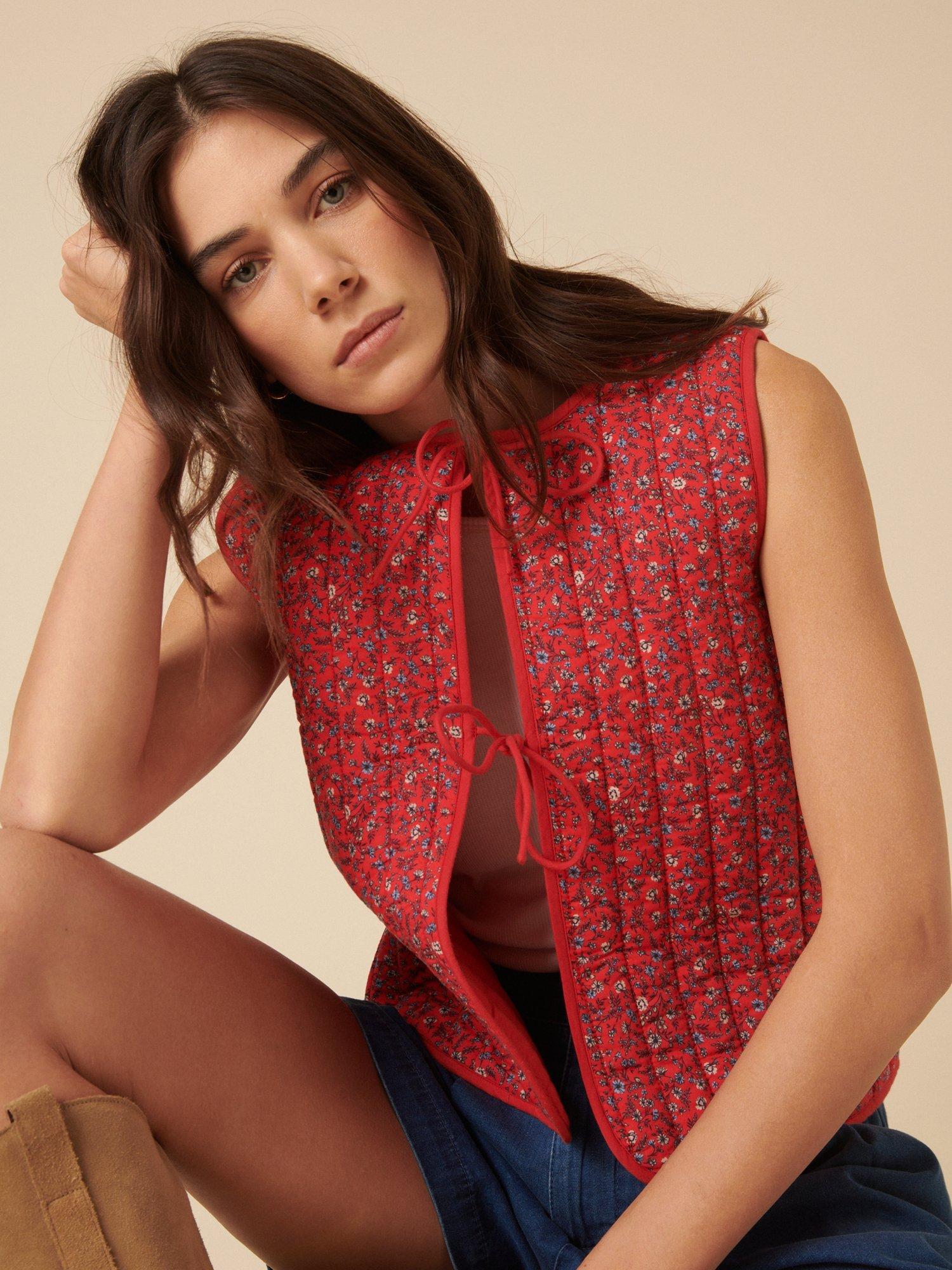 Product image 2 of 5, which shows Nobody's Child Floral Linen Rich Quilted Waistcoat, Red, XS