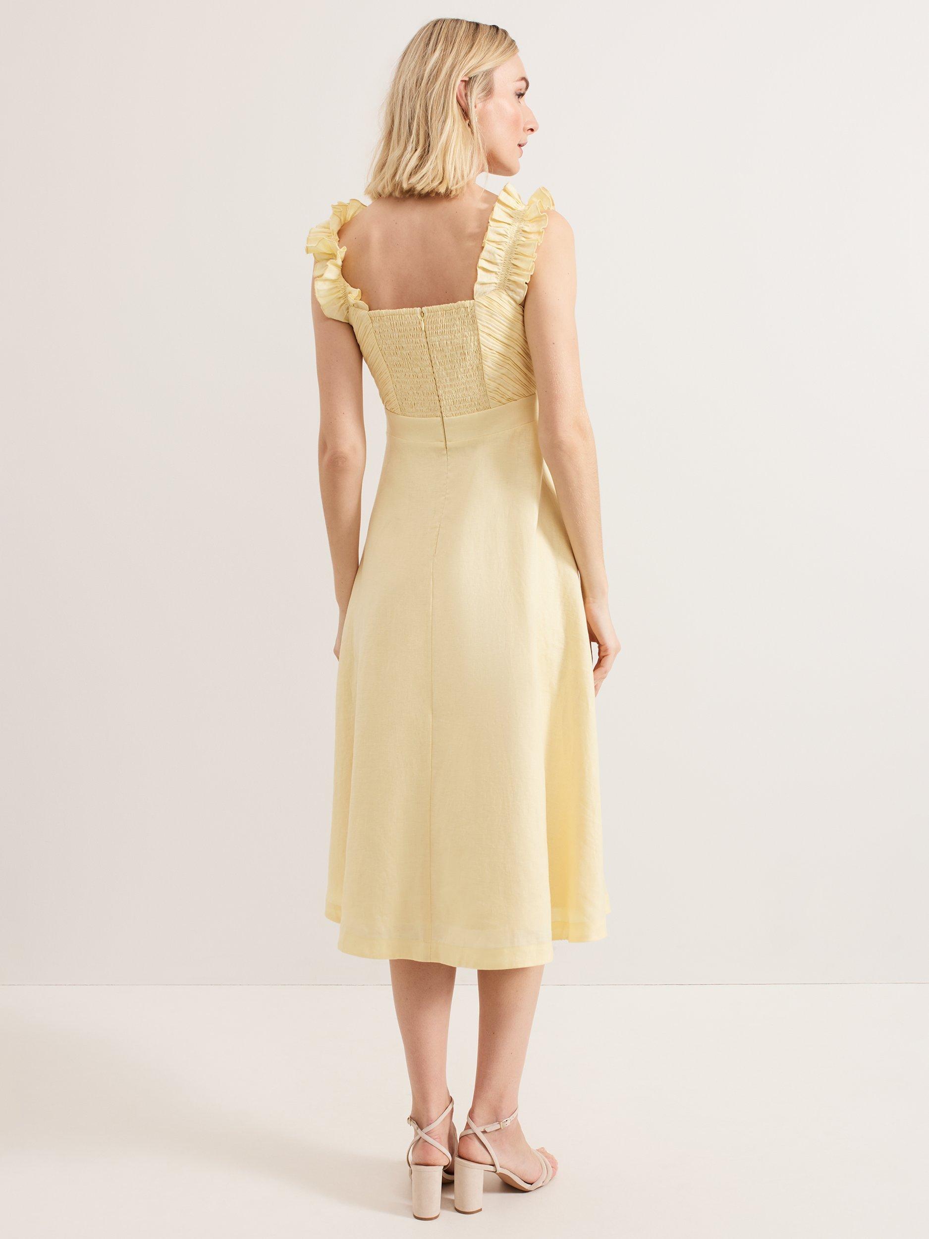 Phase Eight Hannah Pleated Bodice Linen Rich Dress, Light Yellow