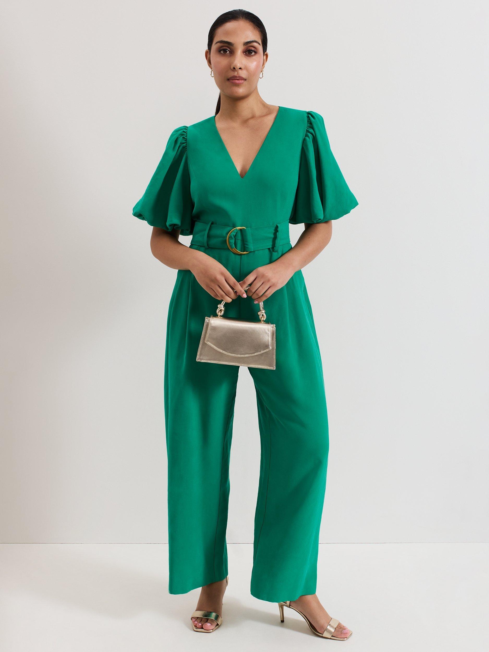 Product image 1 of 7, which shows Phase Eight Petite Margot Puff Sleeve Jumpsuit, Green, 8