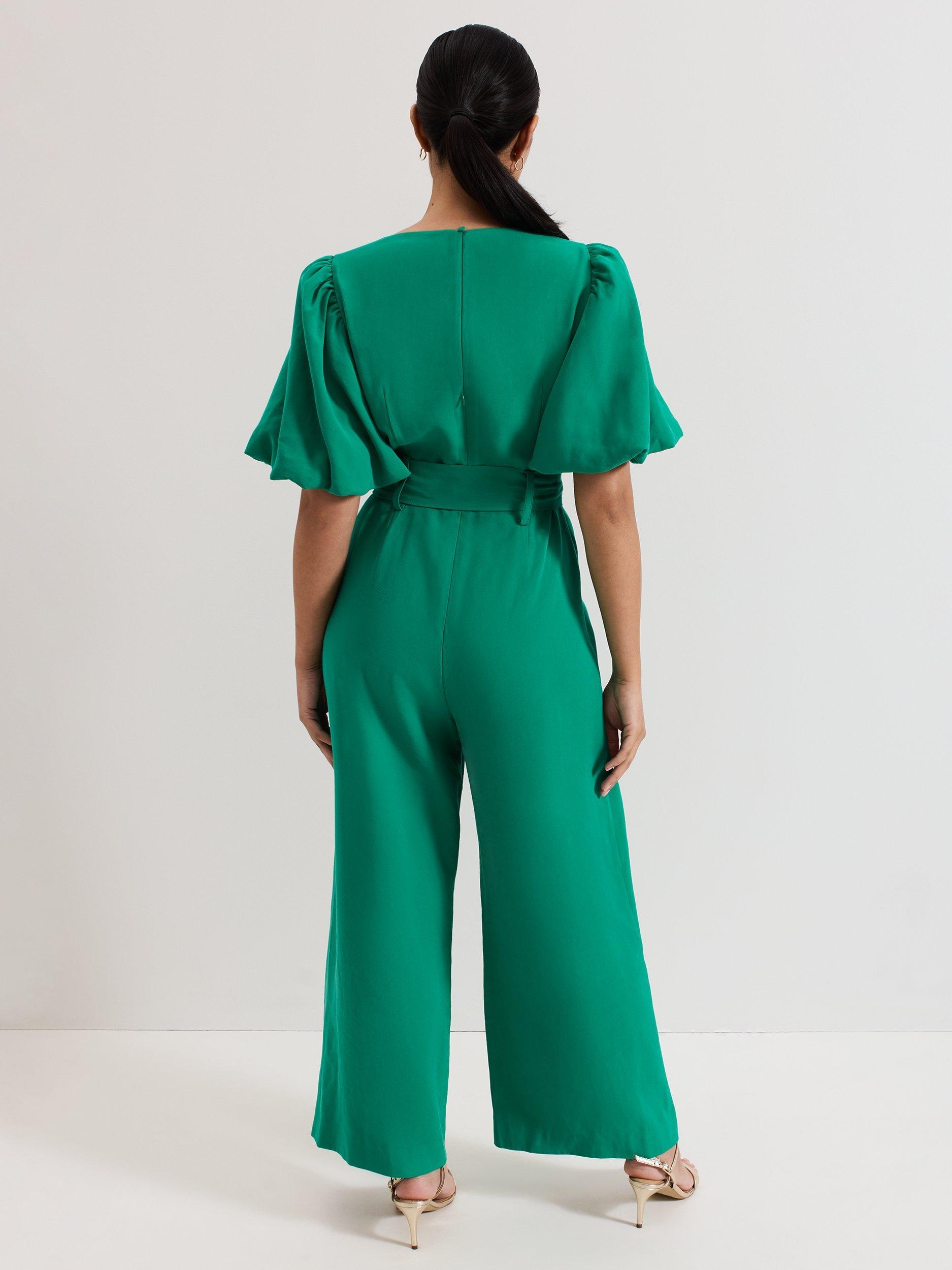 Product image 2 of 7, which shows Phase Eight Petite Margot Puff Sleeve Jumpsuit, Green, 8