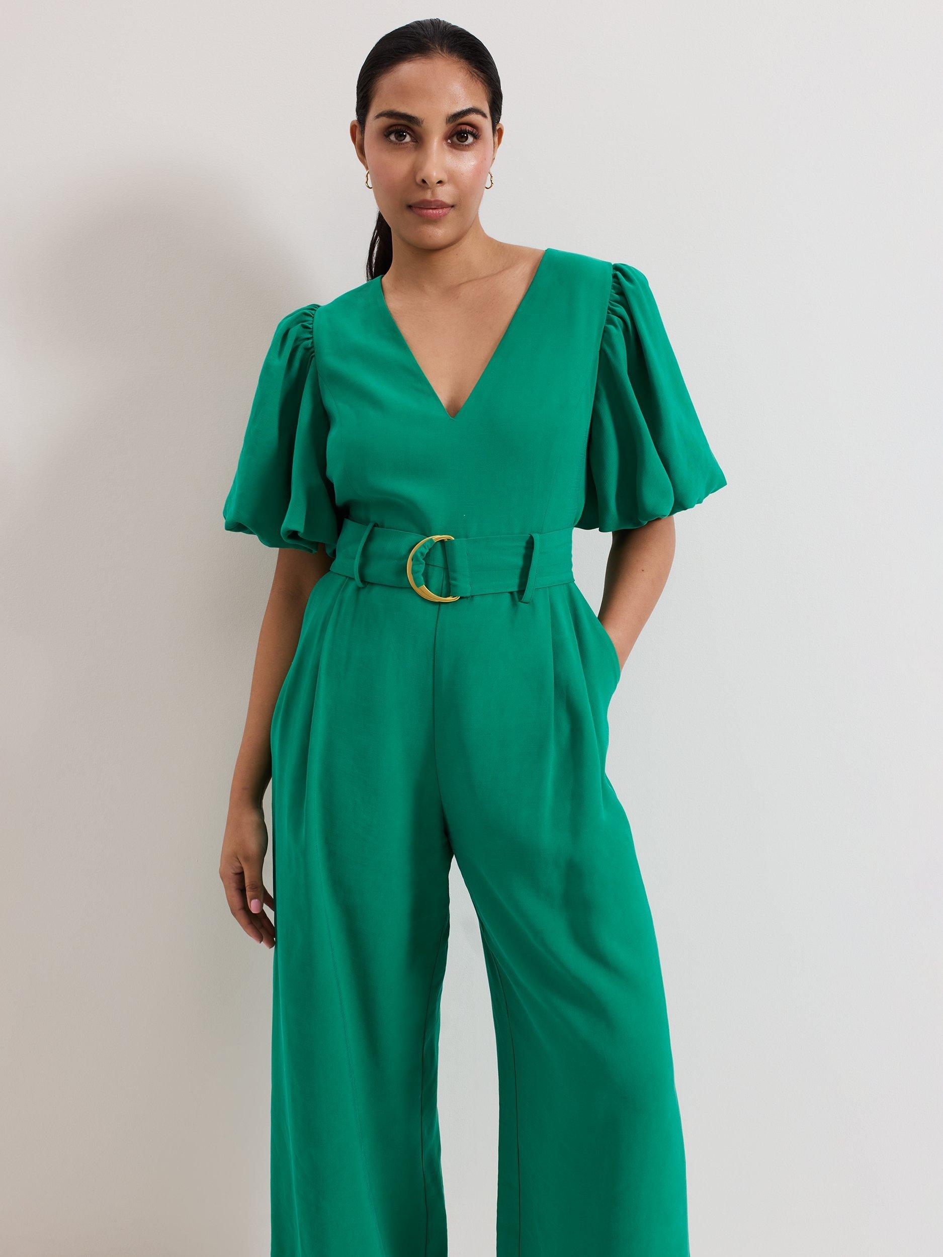 Product image 3 of 7, which shows Phase Eight Petite Margot Puff Sleeve Jumpsuit, Green, 8