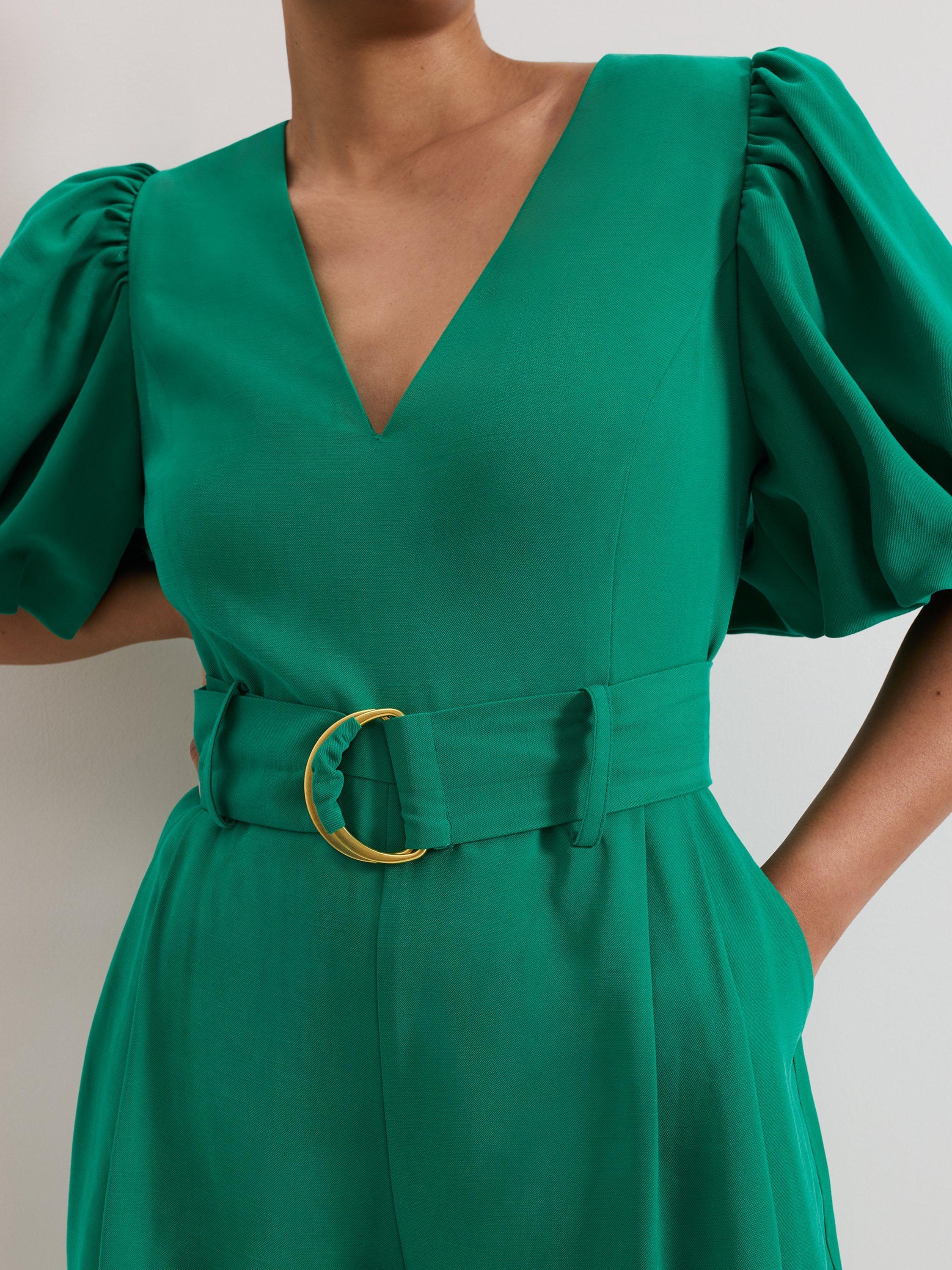 Product image 4 of 7, which shows Phase Eight Petite Margot Puff Sleeve Jumpsuit, Green, 8