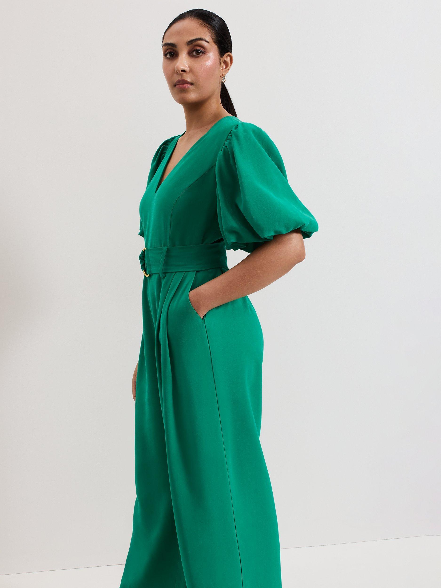 Product image 7 of 7, which shows Phase Eight Petite Margot Puff Sleeve Jumpsuit, Green, 8