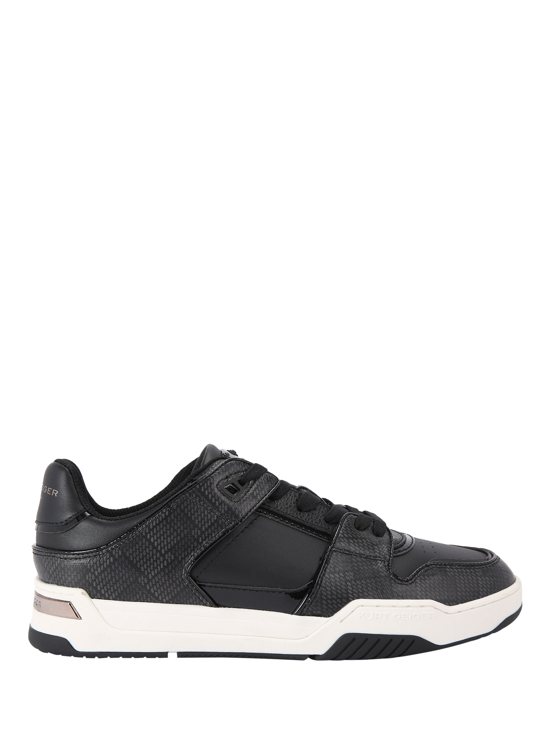 Product image 1 of 5, which shows Kurt Geiger London Regan Plaque Leather Lace Up Trainers, Black, 6