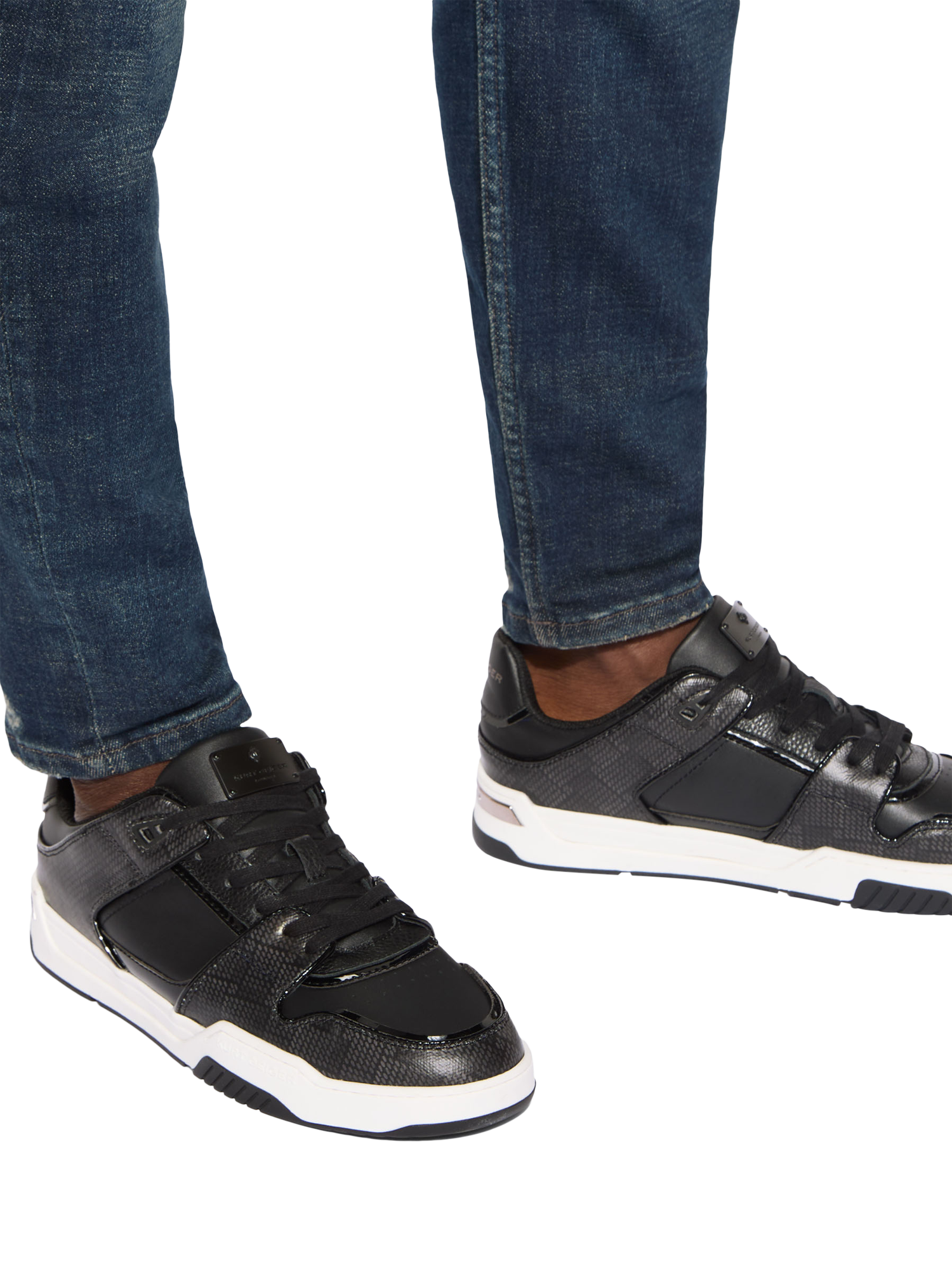 Product image 2 of 5, which shows Kurt Geiger London Regan Plaque Leather Lace Up Trainers, Black, 6