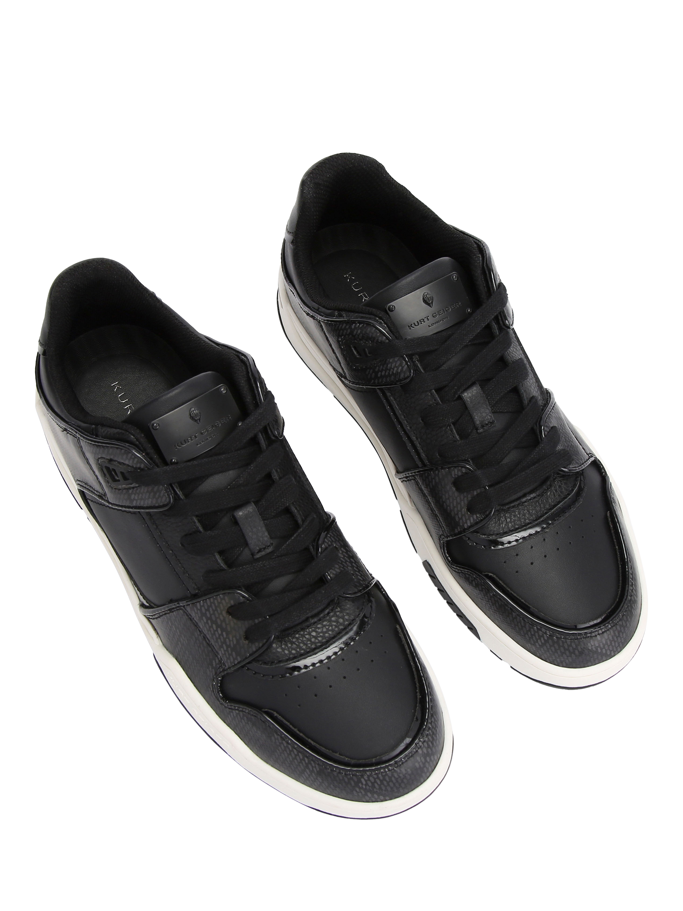 Product image 3 of 5, which shows Kurt Geiger London Regan Plaque Leather Lace Up Trainers, Black, 6