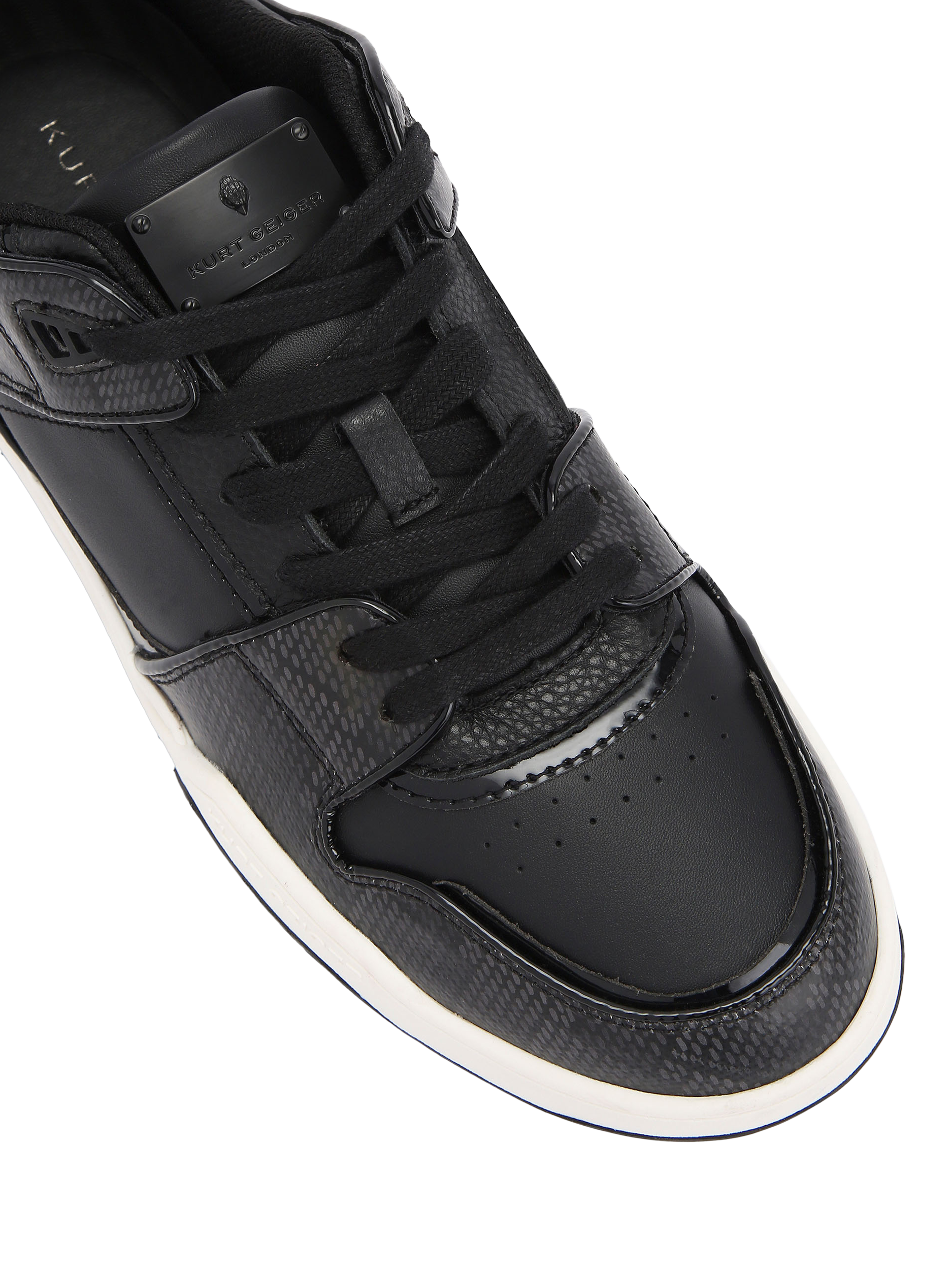 Product image 5 of 5, which shows Kurt Geiger London Regan Plaque Leather Lace Up Trainers, Black, 6