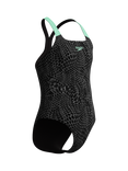 Speedo Kids' Powerback Abstract Print Swimsuit, Alfalfa Green
