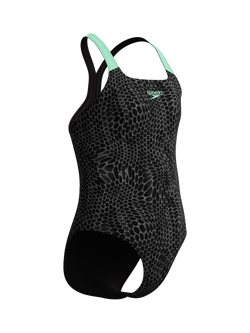 Speedo Kids' Powerback Abstract Print Swimsuit, Alfalfa Green, Alfalfa Green