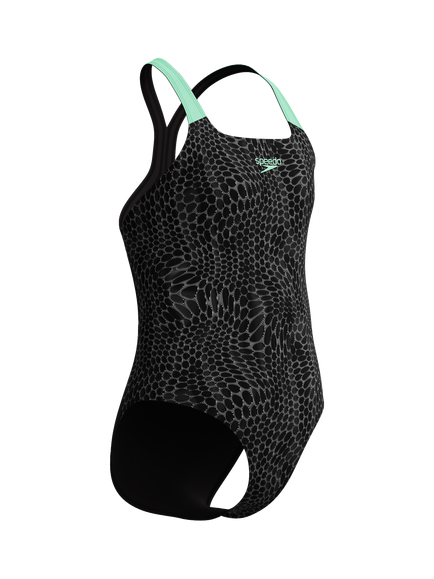 Speedo Kids' Powerback Abstract Print Swimsuit, Alfalfa Green, Alfalfa Green