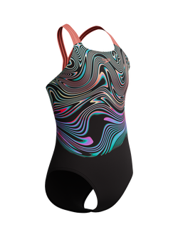 Speedo Kids' Powerback Placement Print Swimsuit, Neon Coral, Neon Coral